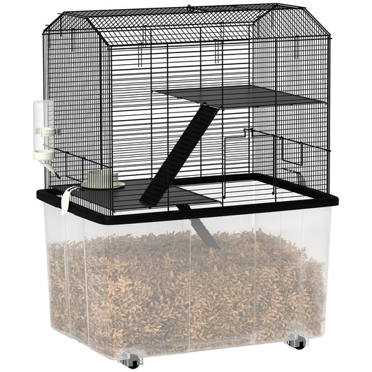 Hamster Cage, Gerbil Cage 3 Tier with Wheels, Deep Bottom, Ramps, Food Dish, Water Bottle, for Dwarf, Syrian, 57 x 43 x 74cm - Black