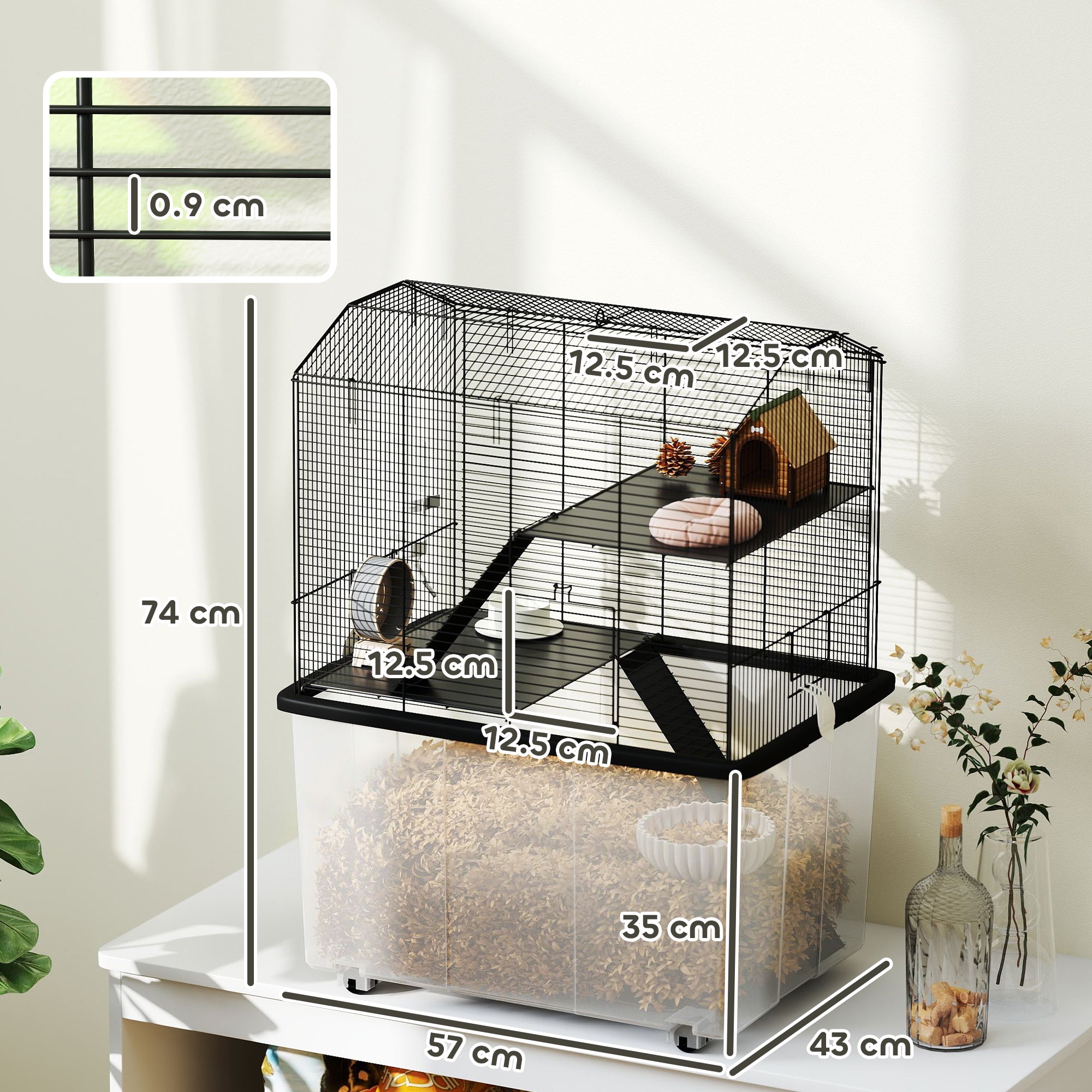 Hamster Cage, Gerbil Cage 3 Tier with Wheels, Deep Bottom, Ramps, Food Dish, Water Bottle, for Dwarf, Syrian, 57 x 43 x 74cm - Black