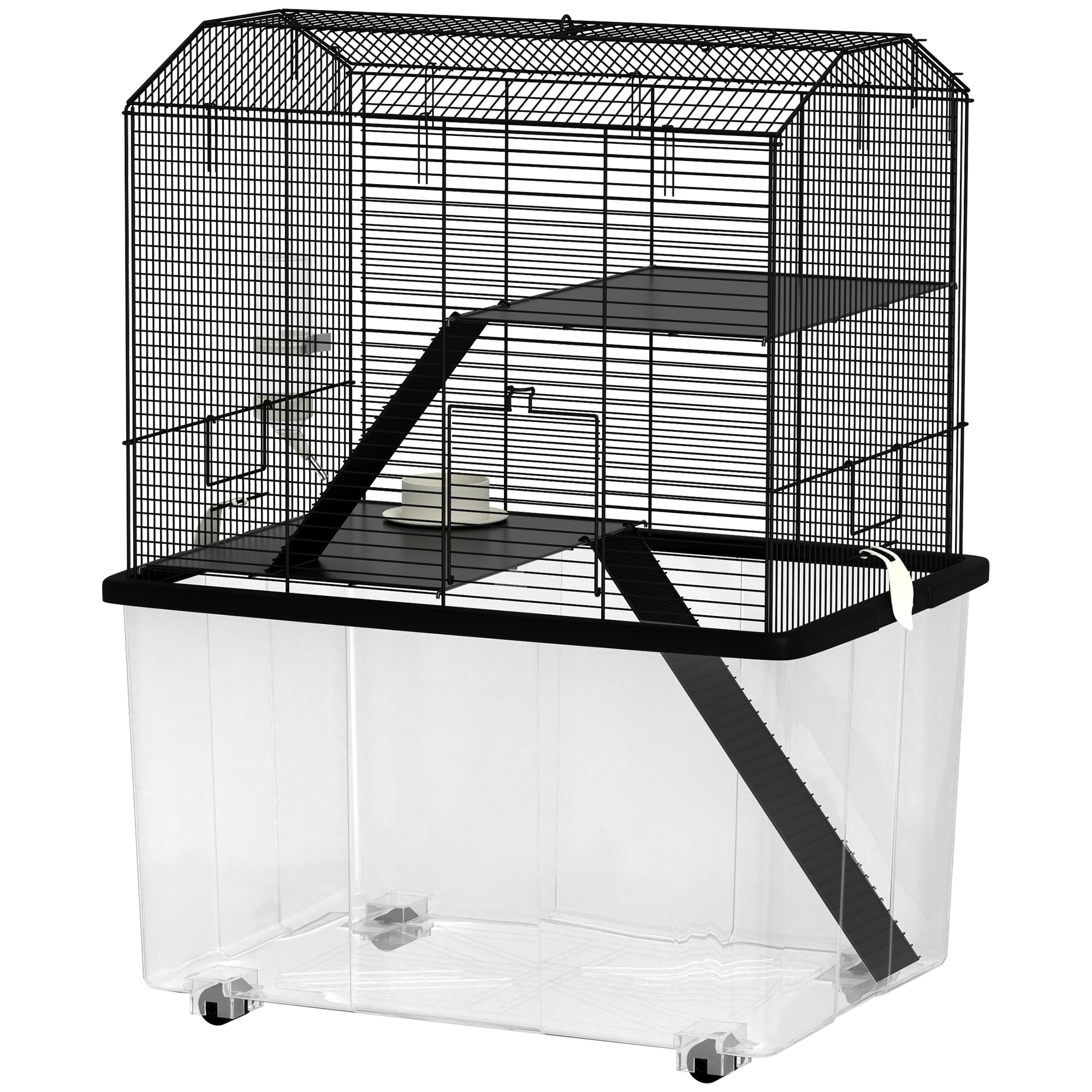 Hamster Cage, Gerbil Cage 3 Tier with Wheels, Deep Bottom, Ramps, Food Dish, Water Bottle, for Dwarf, Syrian, 57 x 43 x 74cm - Black