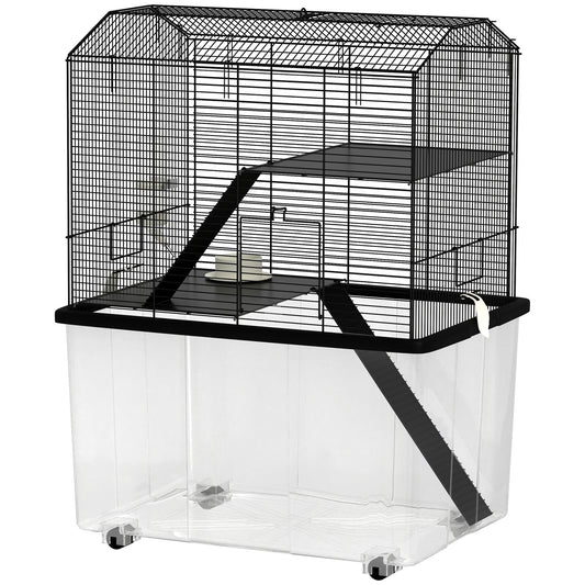 Hamster Cage, Gerbil Cage 3 Tier with Wheels, Deep Bottom, Ramps, Food Dish, Water Bottle, for Dwarf, Syrian, 57 x 43 x 74cm - Black