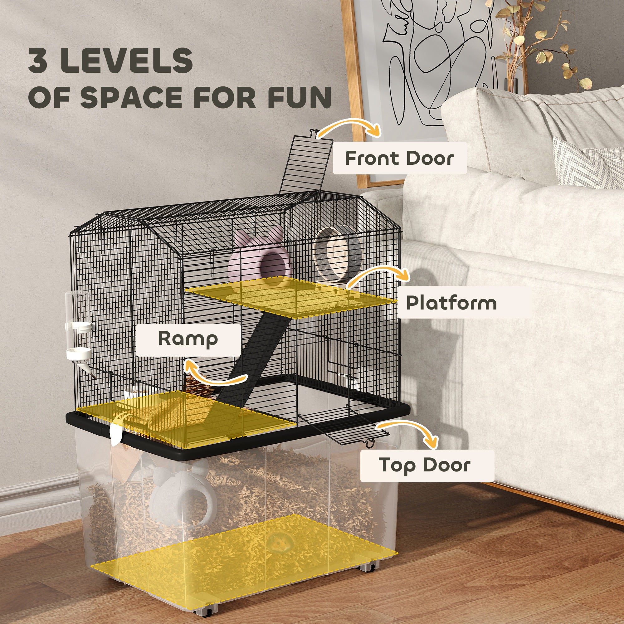 Hamster Cage, Gerbil Cage 3 Tier with Wheels, Deep Bottom, Ramps, Food Dish, Water Bottle, for Dwarf, Syrian, 57 x 43 x 74cm - Black