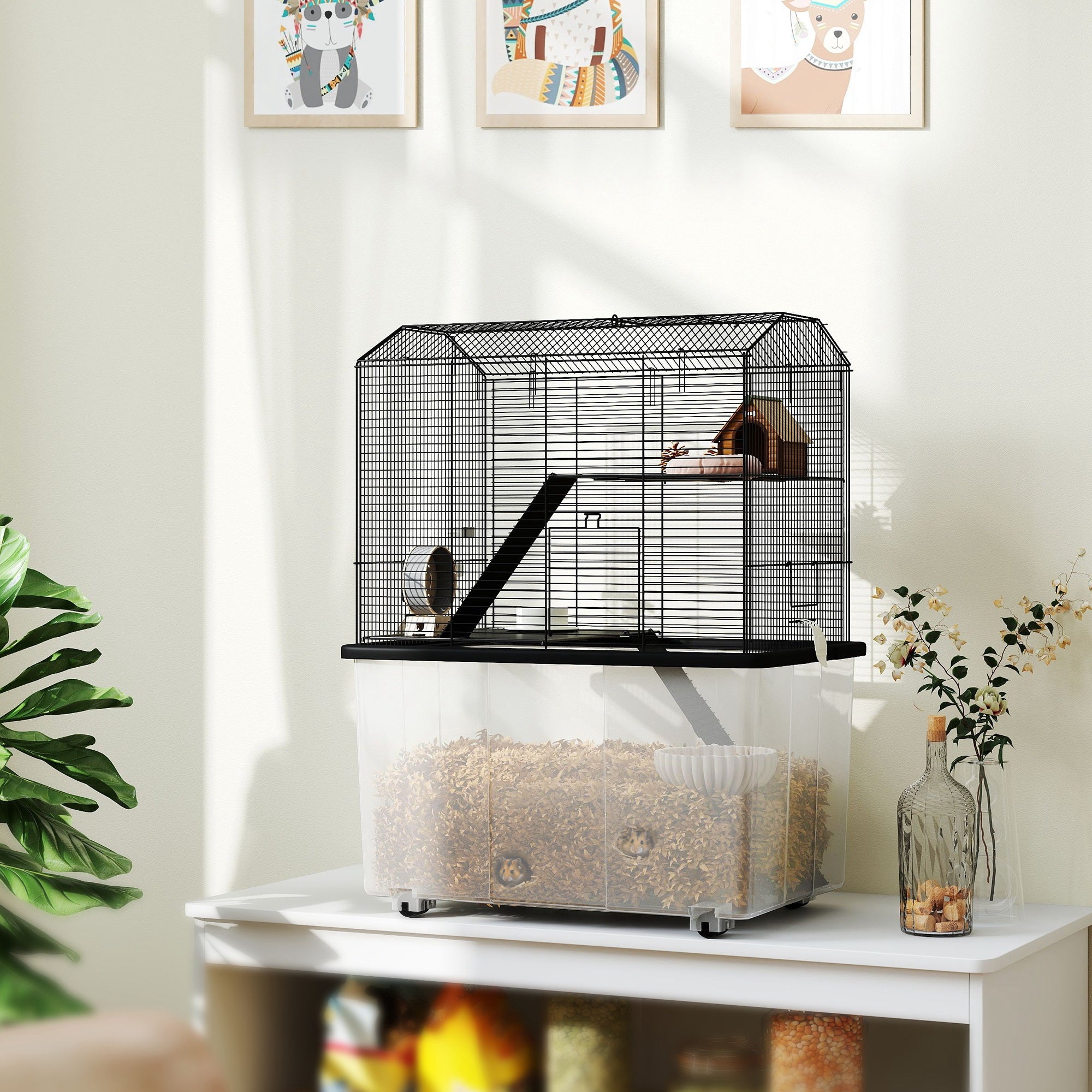 Hamster Cage, Gerbil Cage 3 Tier with Wheels, Deep Bottom, Ramps, Food Dish, Water Bottle, for Dwarf, Syrian, 57 x 43 x 74cm - Black