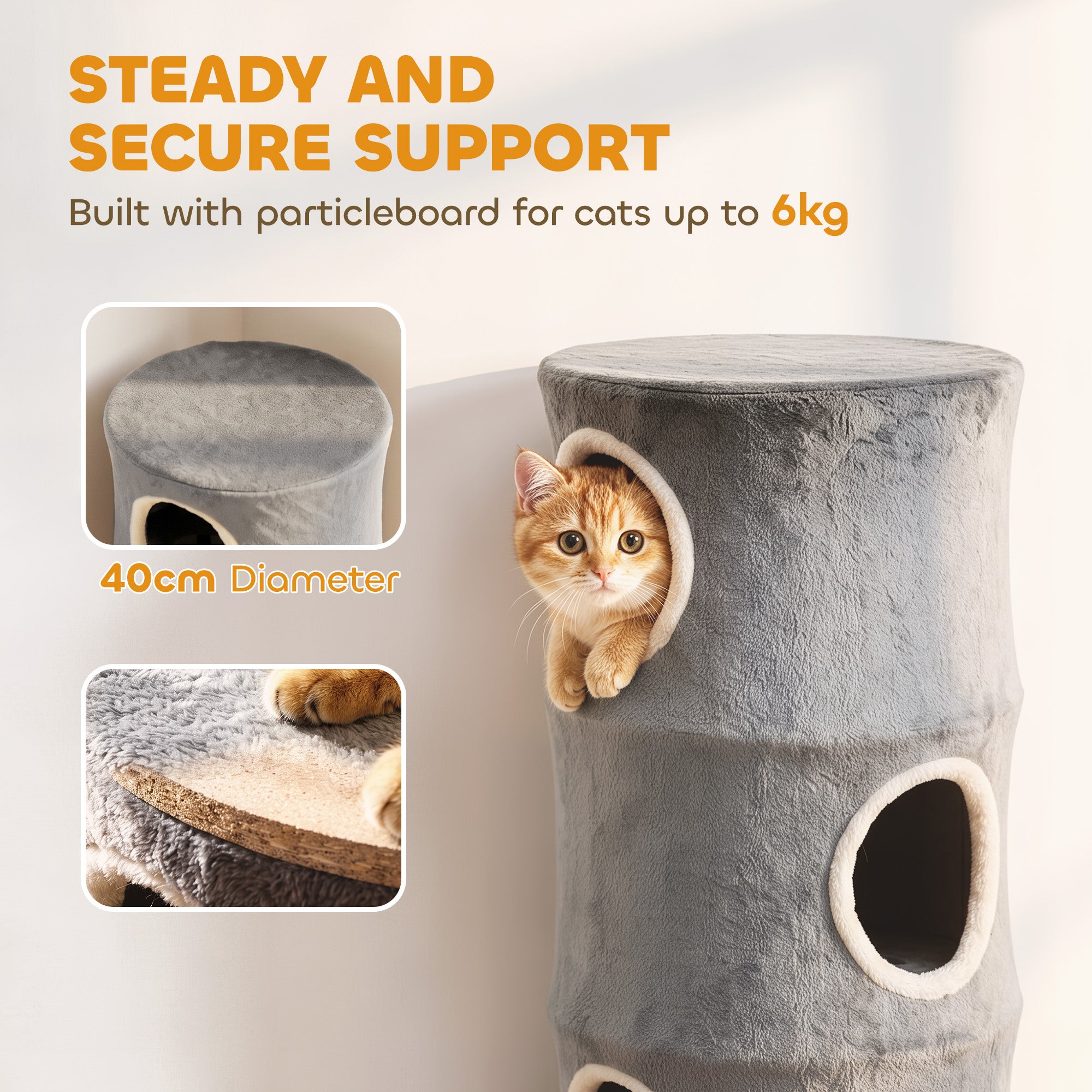 Cat House for Indoor Kittens, Cat Condo with Removable Washable Cover, Modern Barrel-Shaped Kitty Cave Bed, Stable Multi-Level Kitten Hideaway for Play & Rest, 40 x 40 x 80 cm, Grey