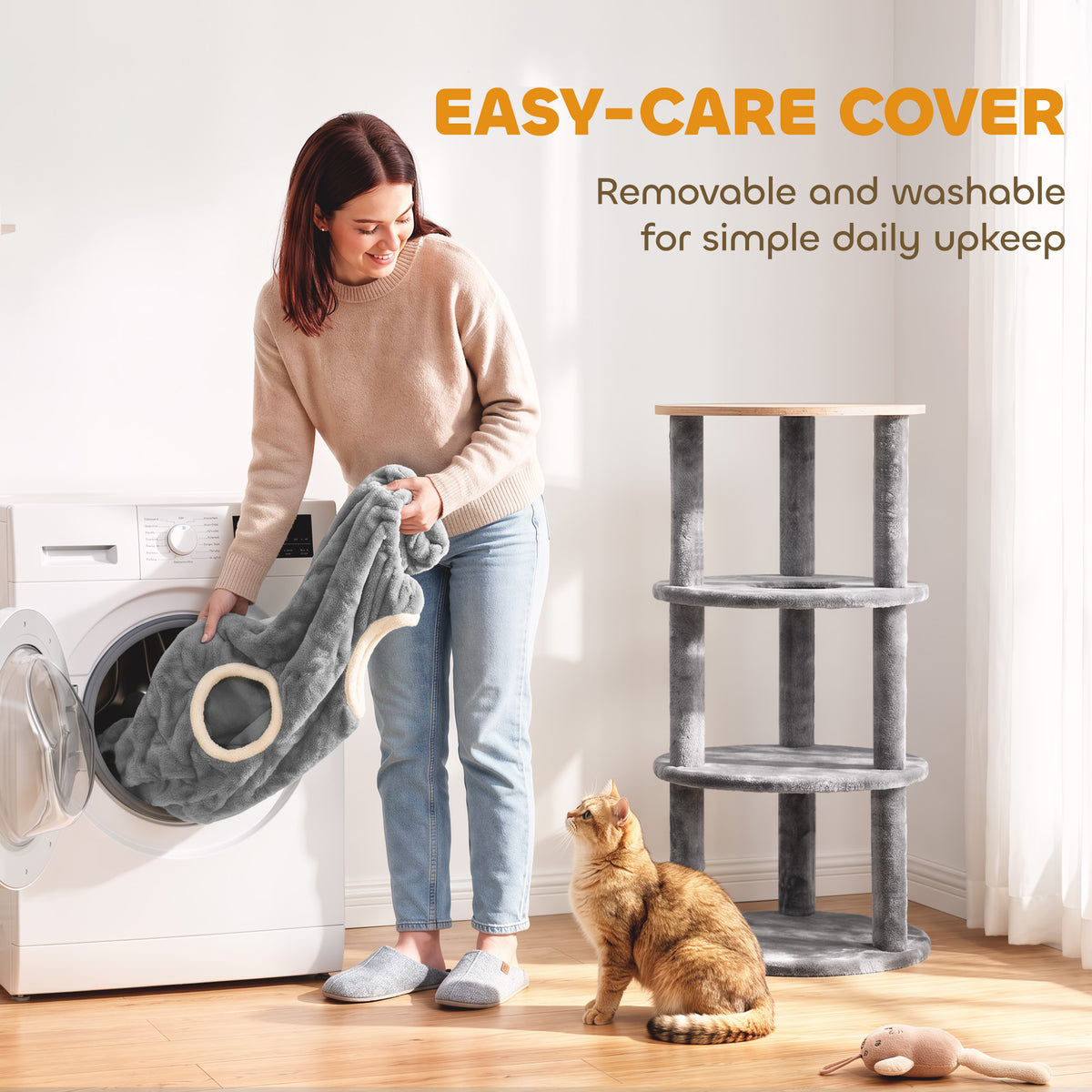 Cat House for Indoor Kittens, Cat Condo with Removable Washable Cover, Modern Barrel-Shaped Kitty Cave Bed, Stable Multi-Level Kitten Hideaway for Play & Rest, 40 x 40 x 80 cm, Grey