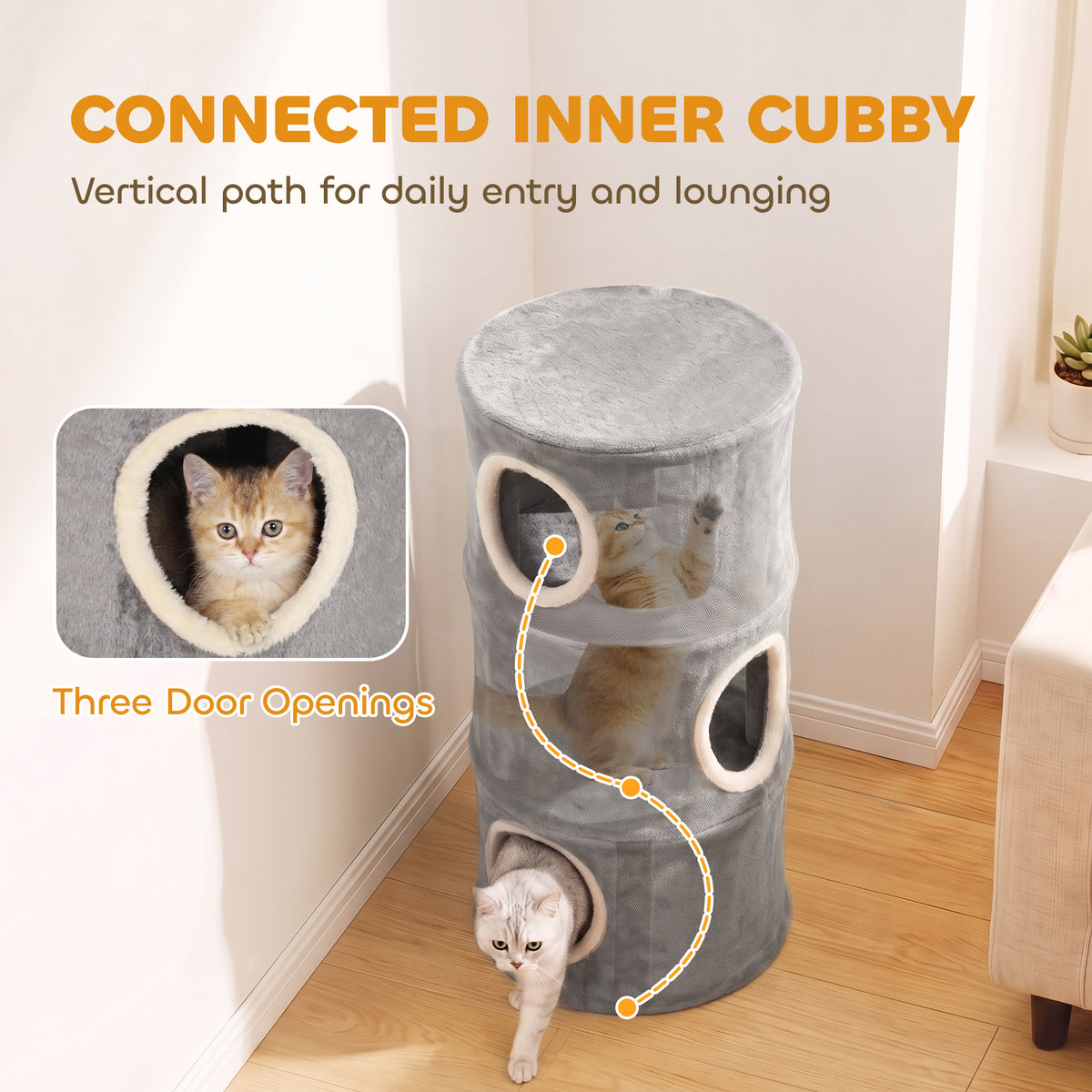 Cat House for Indoor Kittens, Cat Condo with Removable Washable Cover, Modern Barrel-Shaped Kitty Cave Bed, Stable Multi-Level Kitten Hideaway for Play & Rest, 40 x 40 x 80 cm, Grey