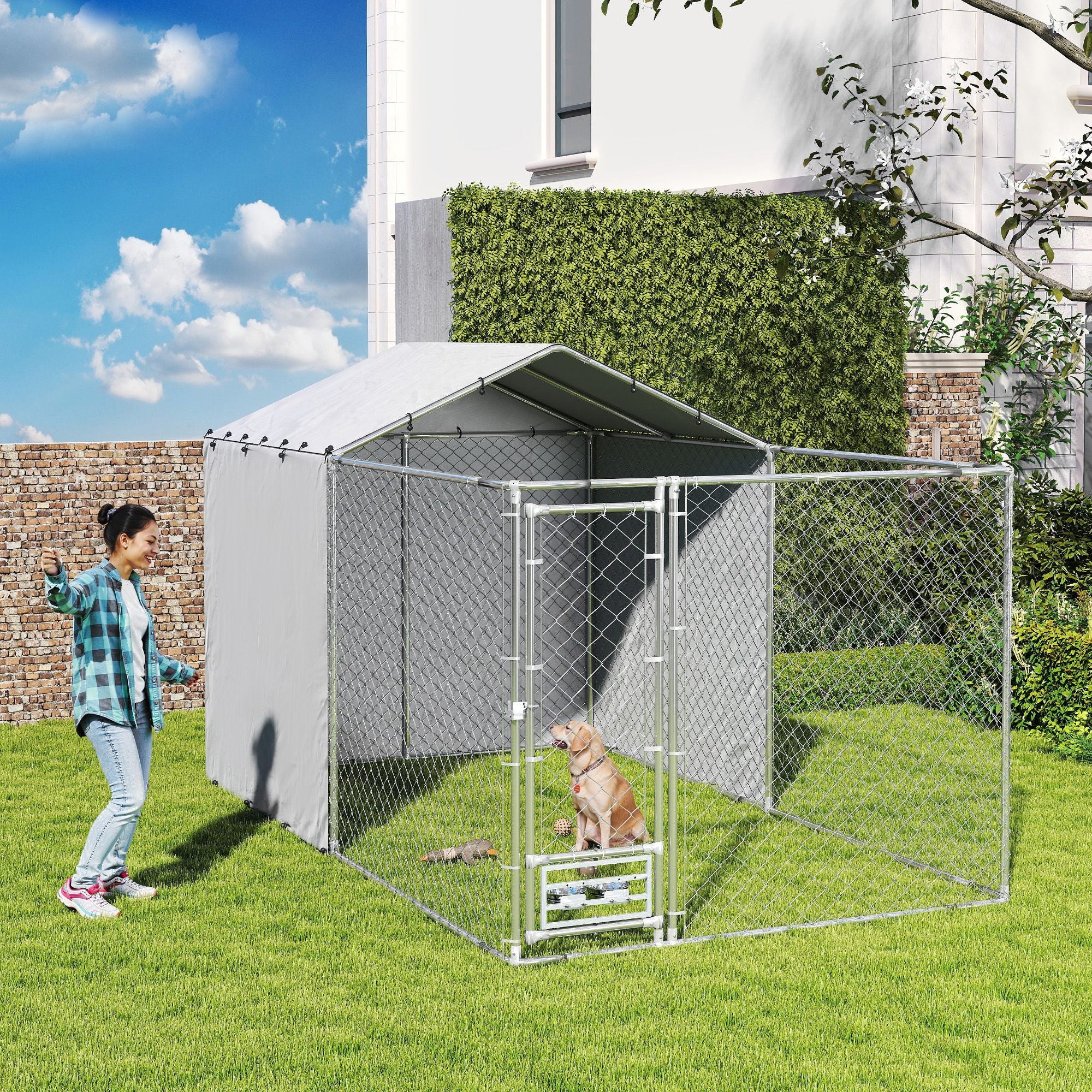 PawHut Large Outdoor Dog Kennel, Heavy Duty Dog Kennel Outside with Waterproof & UV-Resistant Cover, Rotating Bowls Door, Galvanized Chain Link Dog Run for Medium & Large Dogs, 13.1' x 7.5' x 7.5'