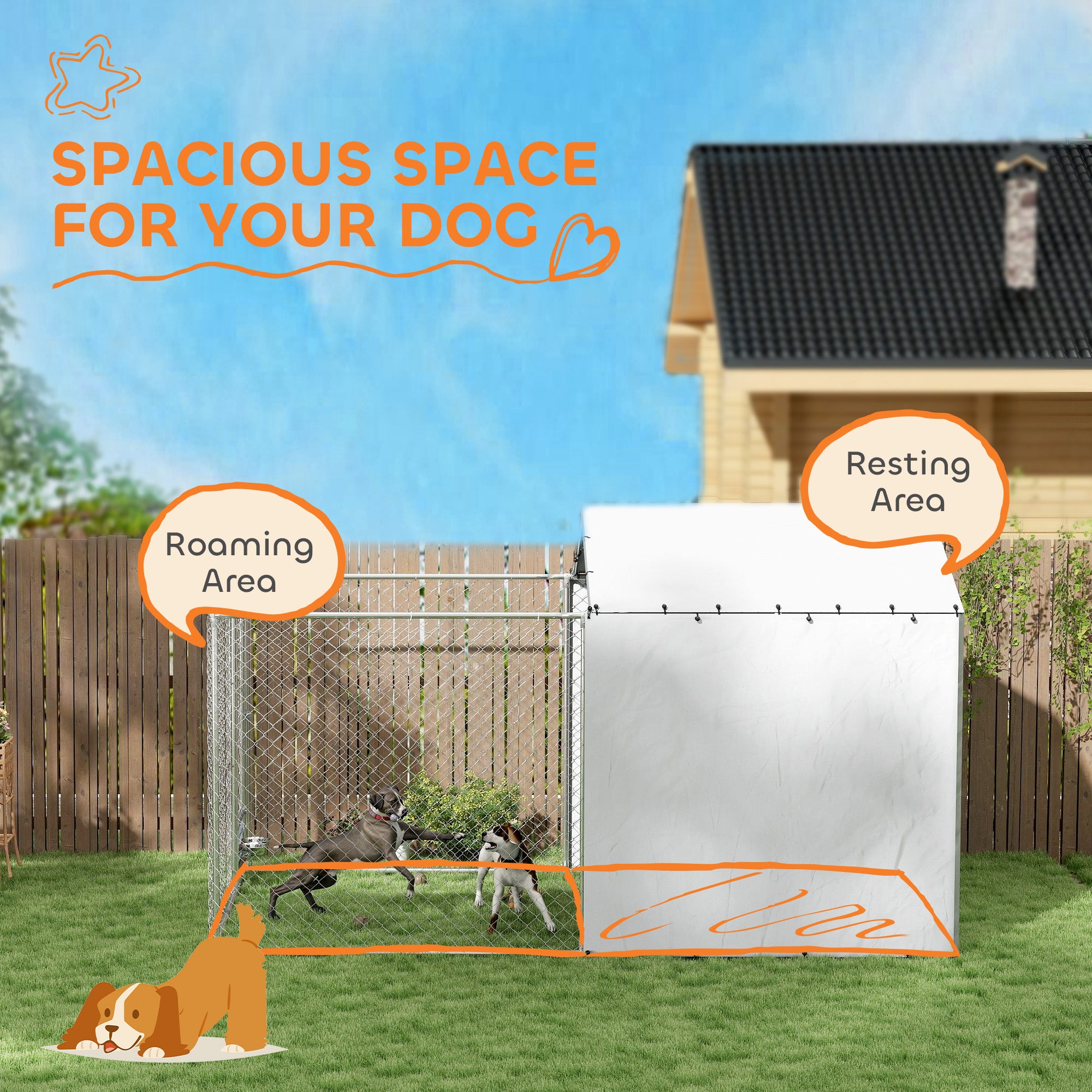 PawHut Large Outdoor Dog Kennel, Heavy Duty Dog Kennel Outside with Waterproof & UV-Resistant Cover, Rotating Bowls Door, Galvanized Chain Link Dog Run for Medium & Large Dogs, 13.1' x 7.5' x 7.5'