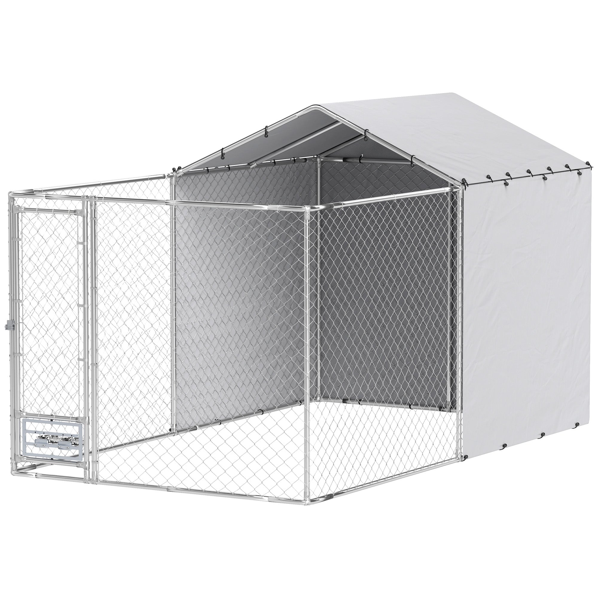 PawHut Large Outdoor Dog Kennel, Heavy Duty Dog Kennel Outside with Waterproof & UV-Resistant Cover, Rotating Bowls Door, Galvanized Chain Link Dog Run for Medium & Large Dogs, 13.1' x 7.5' x 7.5'