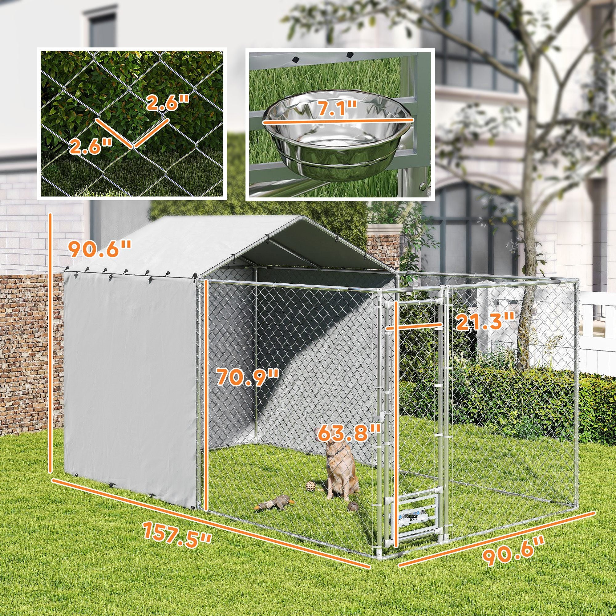PawHut Large Outdoor Dog Kennel, Heavy Duty Dog Kennel Outside with Waterproof & UV-Resistant Cover, Rotating Bowls Door, Galvanized Chain Link Dog Run for Medium & Large Dogs, 13.1' x 7.5' x 7.5'