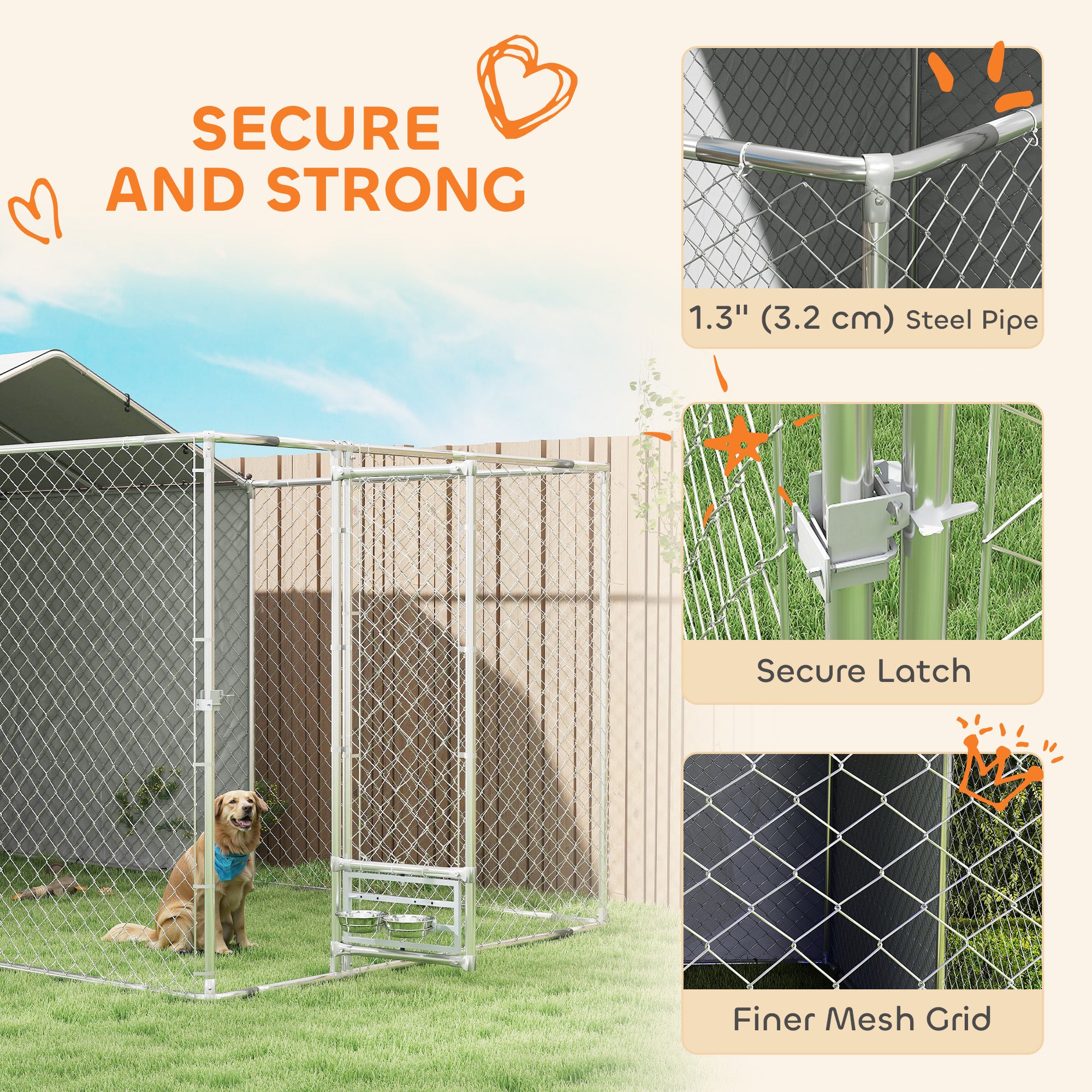 PawHut Large Outdoor Dog Kennel, Heavy Duty Dog Kennel Outside with Waterproof & UV-Resistant Cover, Rotating Bowls Door, Galvanized Chain Link Dog Run for Medium & Large Dogs, 13.1' x 7.5' x 7.5'
