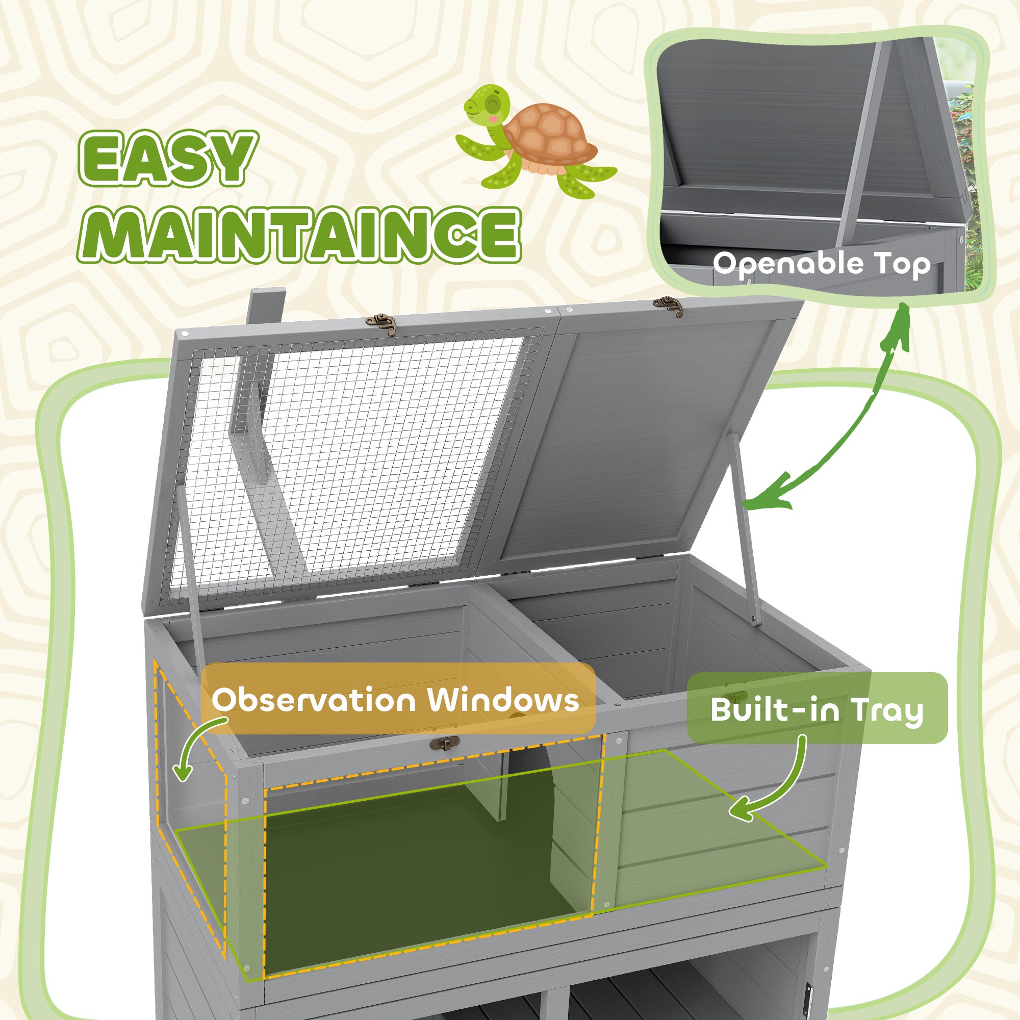 Tortoise House with Storage Cabinet, Wooden Tortoise Enclosure with Lamp Holder, Openable Top, Transparent Windows, Turtle Habitat for Indoor, Light Grey
