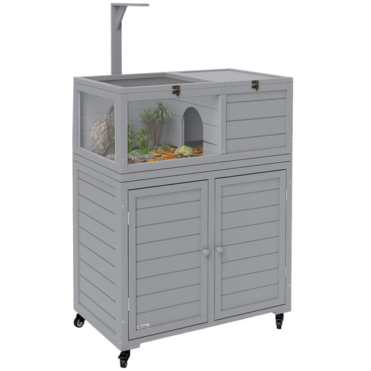 Tortoise House with Storage Cabinet, Wooden Tortoise Enclosure with Lamp Holder, Openable Top, Transparent Windows, Turtle Habitat for Indoor, Light Grey