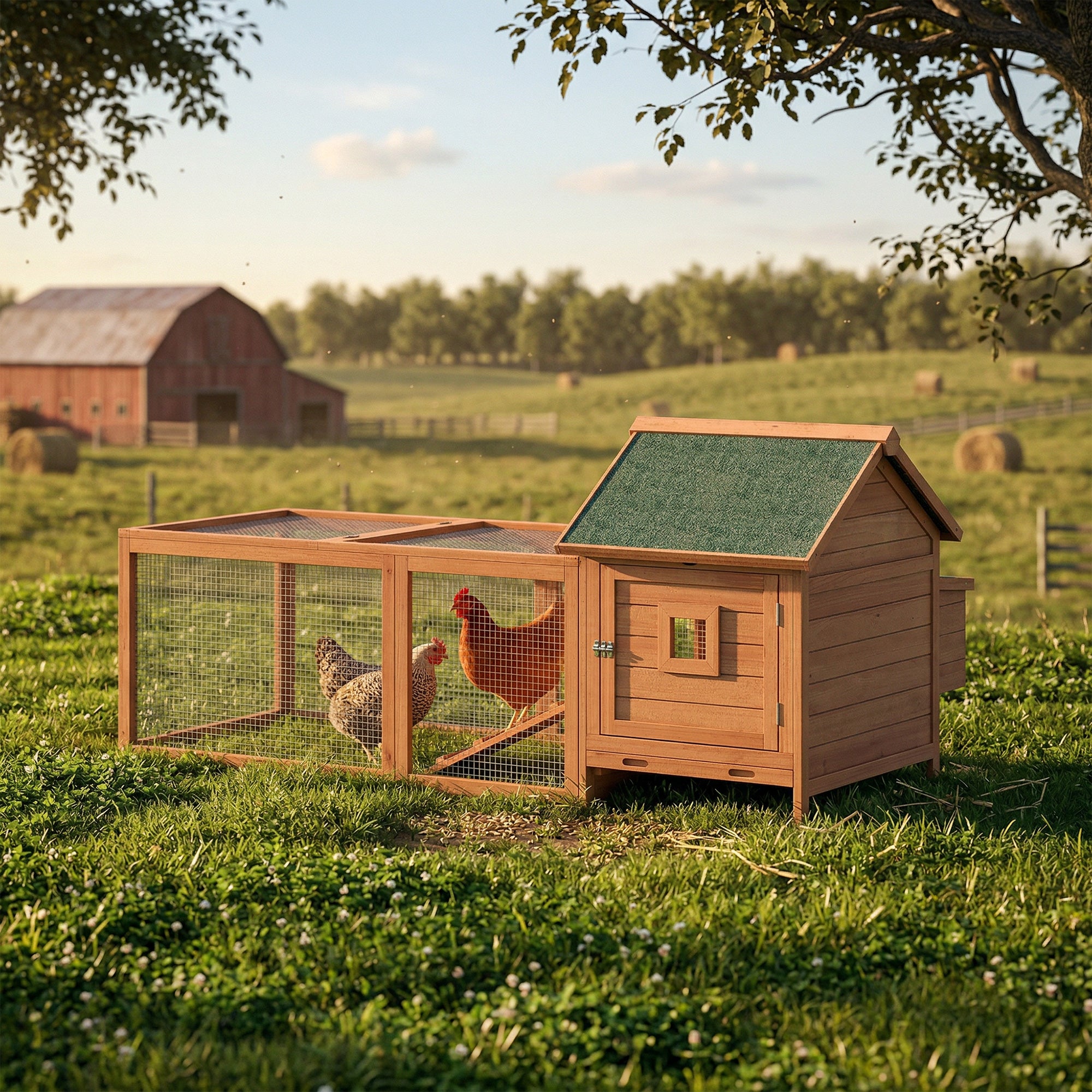 72" Chicken Coop, Wooden Hen House for 2 Chickens, Poultry Cage with Run, Nesting Box, Removable Tray, Waterproof Roof, Ramp, Perch,Duck House Rabbit Hutch, Orange