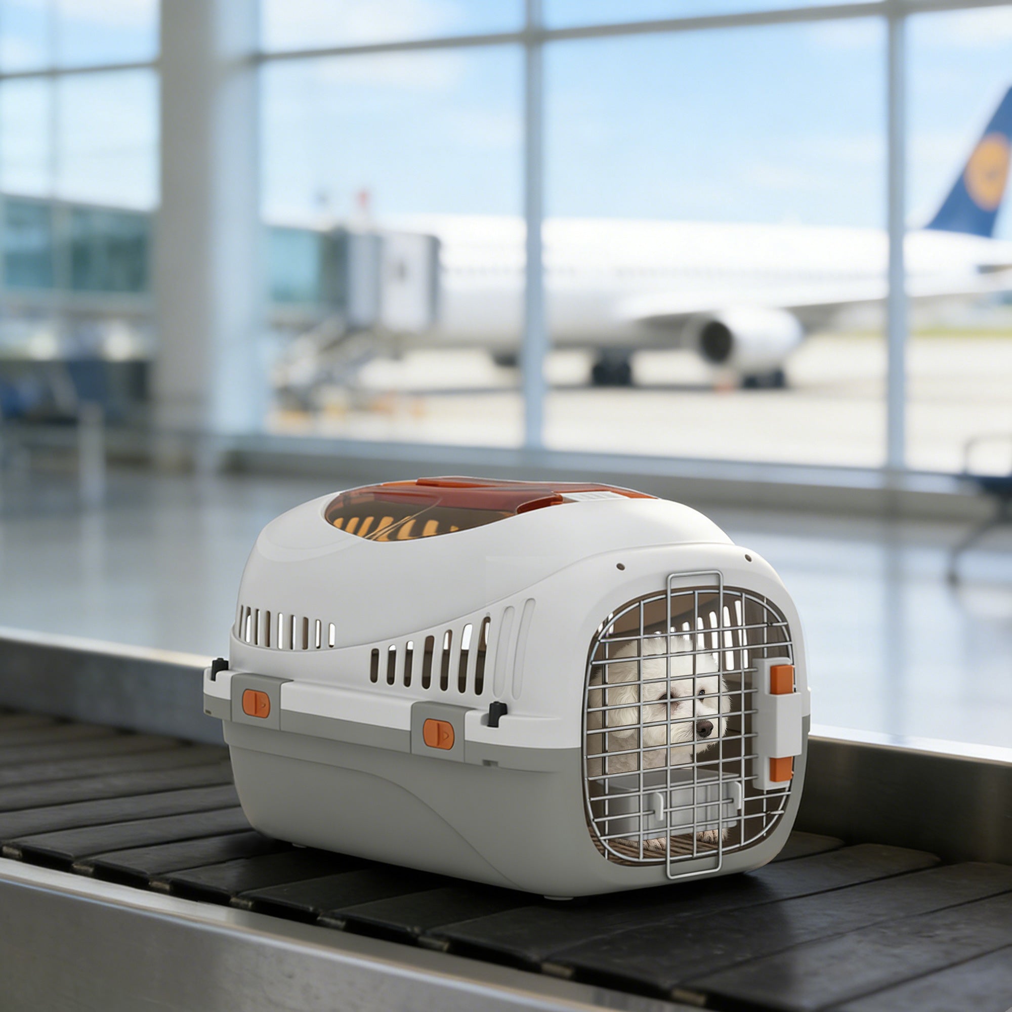 Hard-Sided Travel Pet Carrier, Plastic Dog and Cat Kennel for Small Dogs and Cats, Portable Crate with Steel Wire Door, Feed Bowl, Secure Lock for Car, Airplane, Outdoor