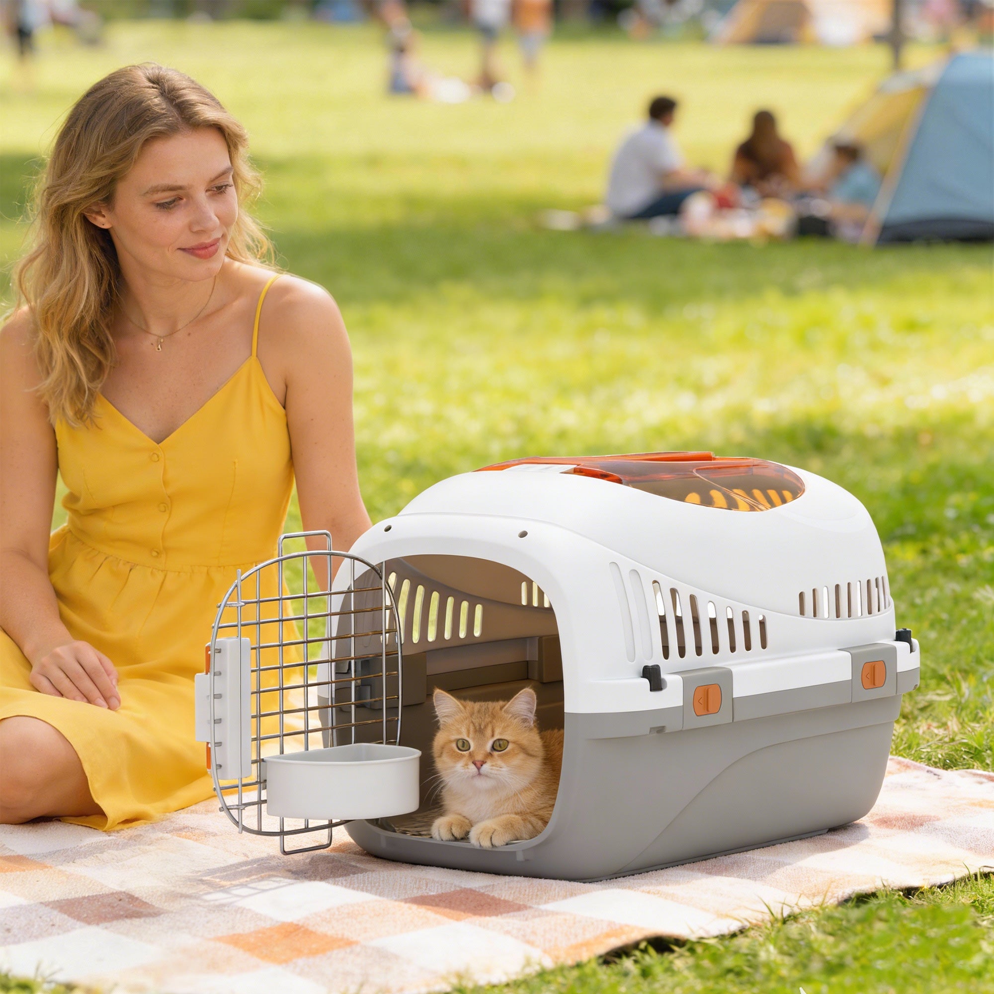 Hard-Sided Travel Pet Carrier, Plastic Dog and Cat Kennel for Small Dogs and Cats, Portable Crate with Steel Wire Door, Feed Bowl, Secure Lock for Car, Airplane, Outdoor