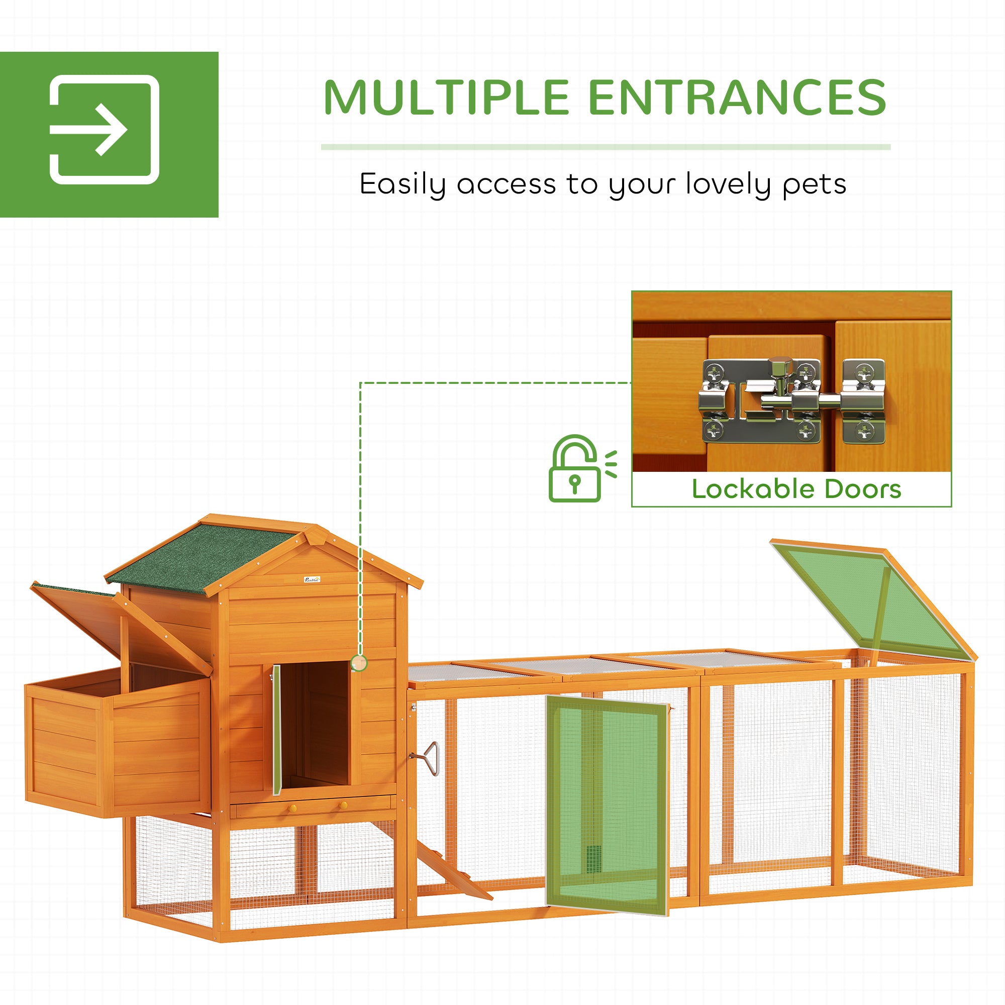 117" Extra Large Chicken Coop with Asphalt Roof, Wooden Hen House with Slide-out Tray, Quail Hutch with Nesting Box, Orange
