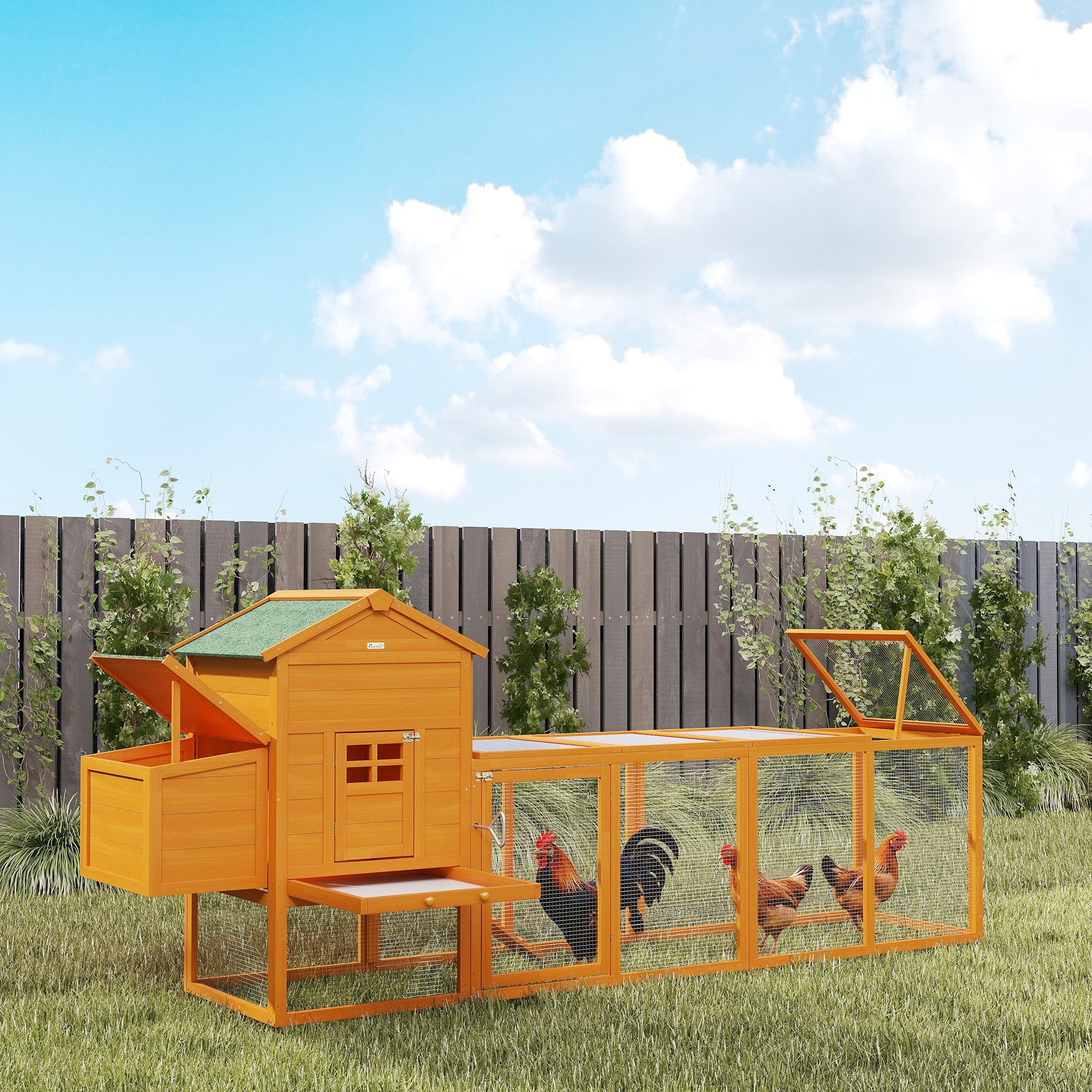 117" Extra Large Chicken Coop with Asphalt Roof, Wooden Hen House with Slide-out Tray, Quail Hutch with Nesting Box, Orange