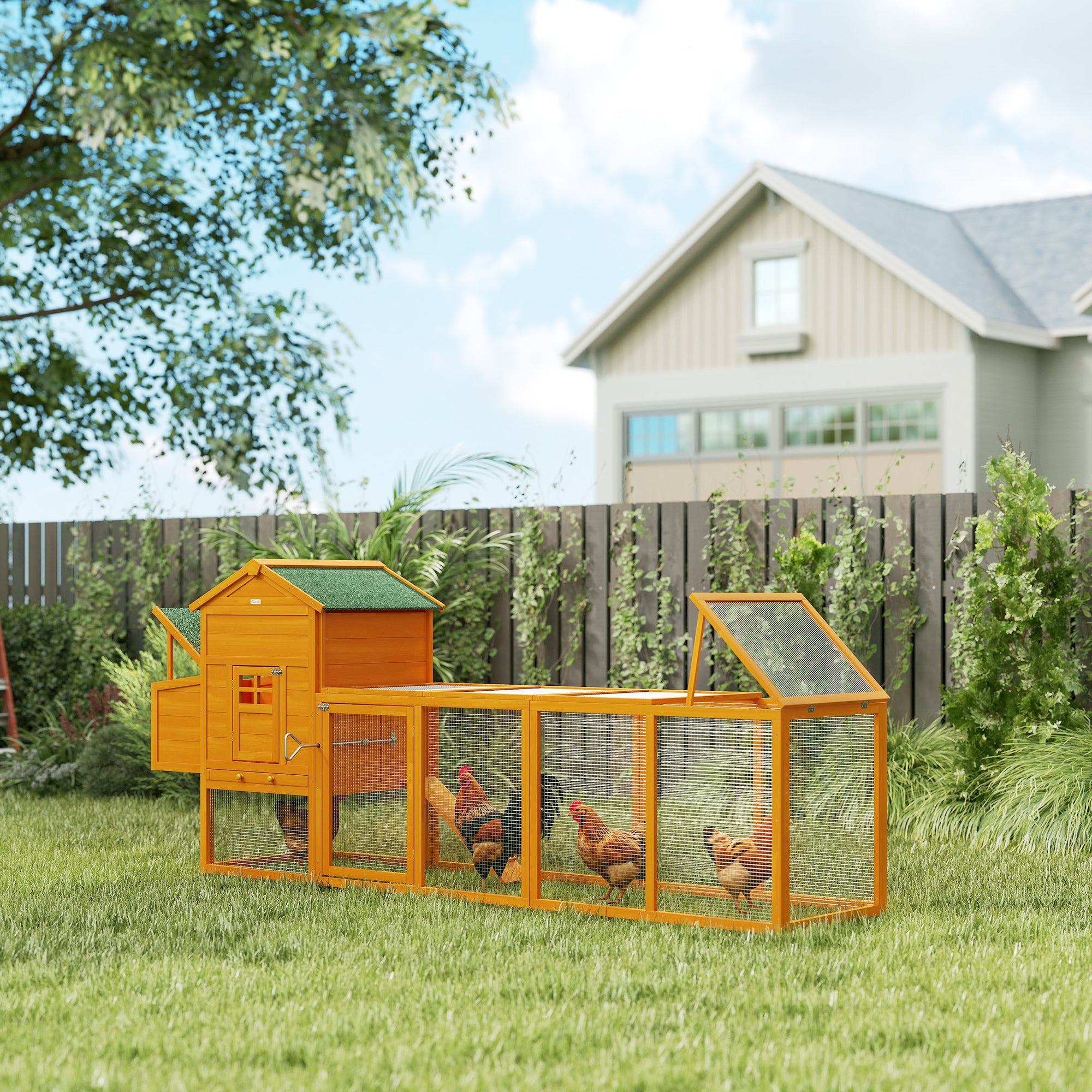 117" Extra Large Chicken Coop with Asphalt Roof, Wooden Hen House with Slide-out Tray, Quail Hutch with Nesting Box, Orange