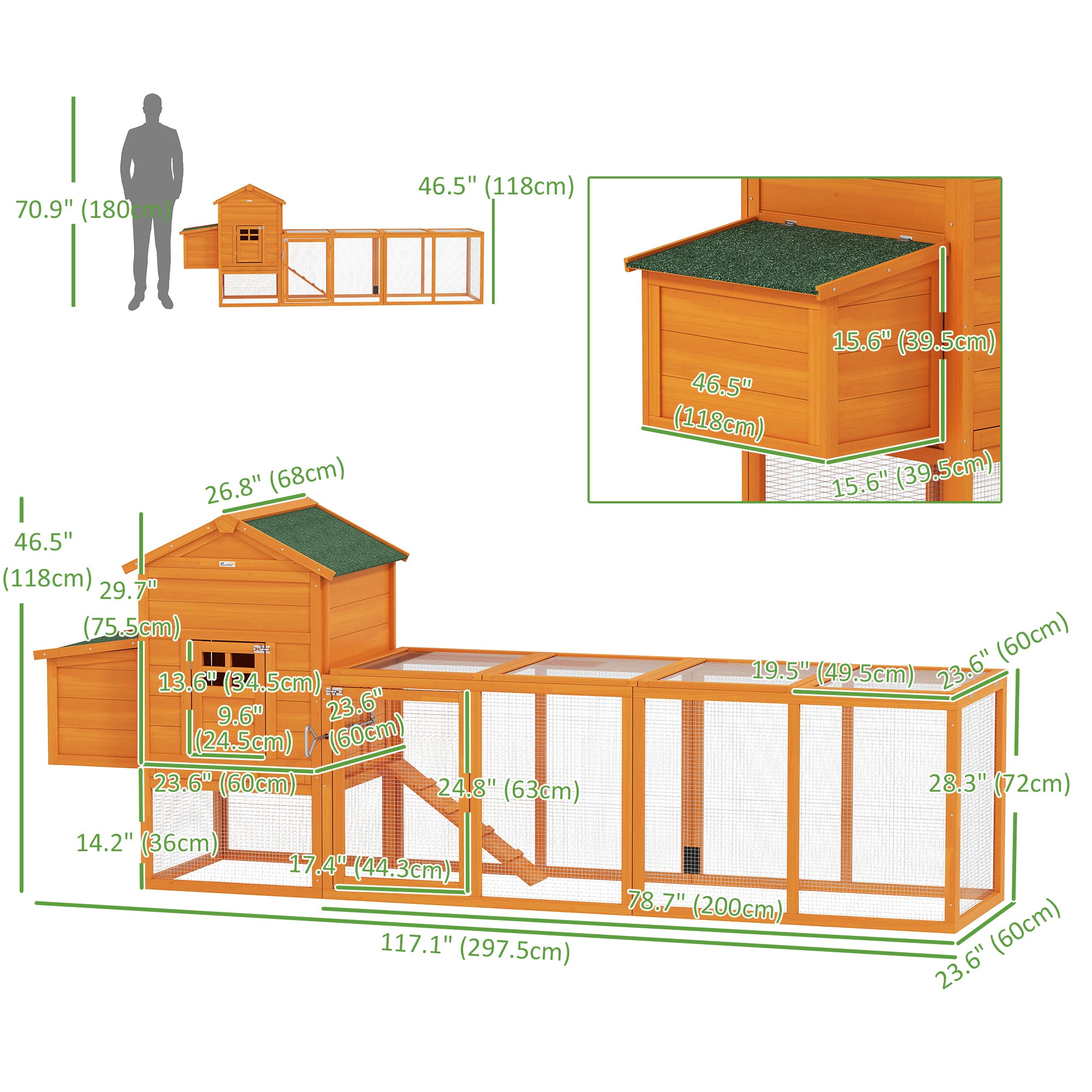 117" Extra Large Chicken Coop with Asphalt Roof, Wooden Hen House with Slide-out Tray, Quail Hutch with Nesting Box, Orange