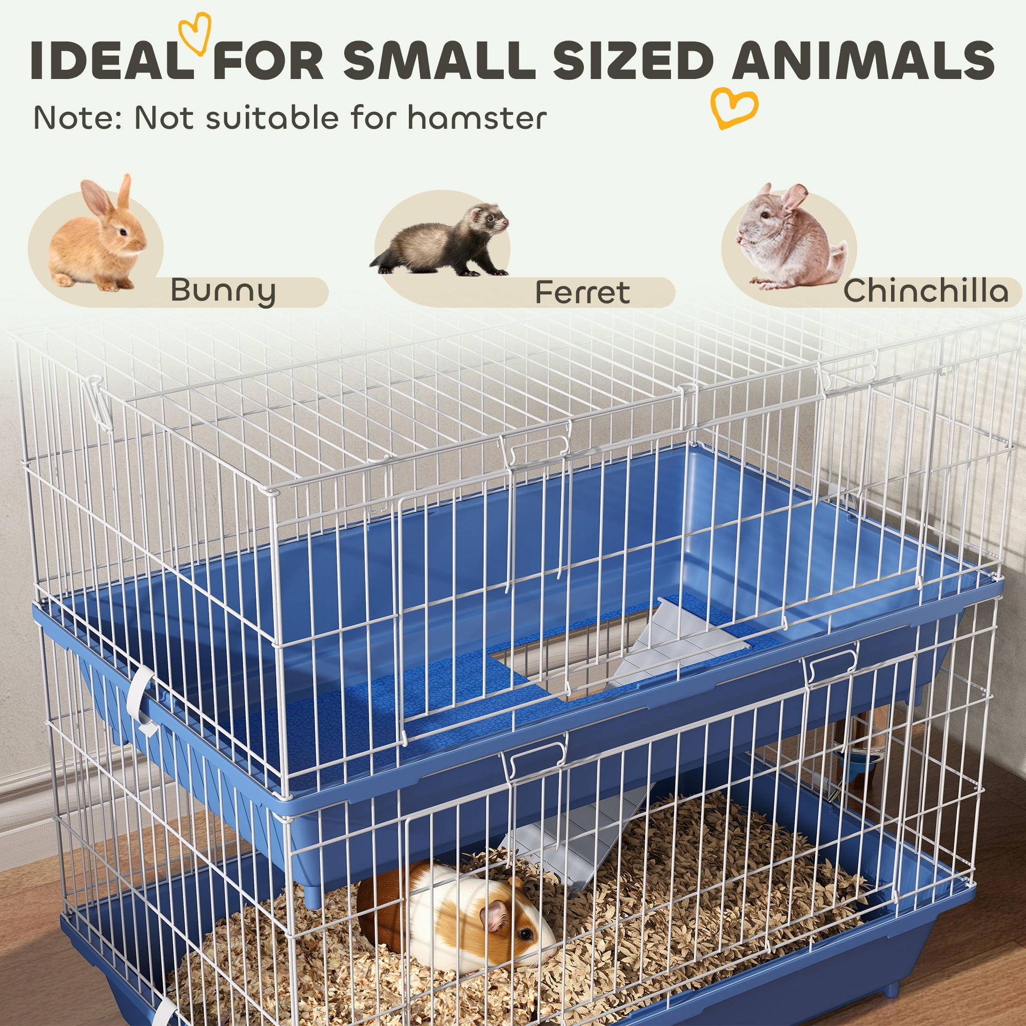 28" 2-Tier Small Animal Cage with 2 Doors, Deep Base, Ramp, Dish & Bottle, Blue