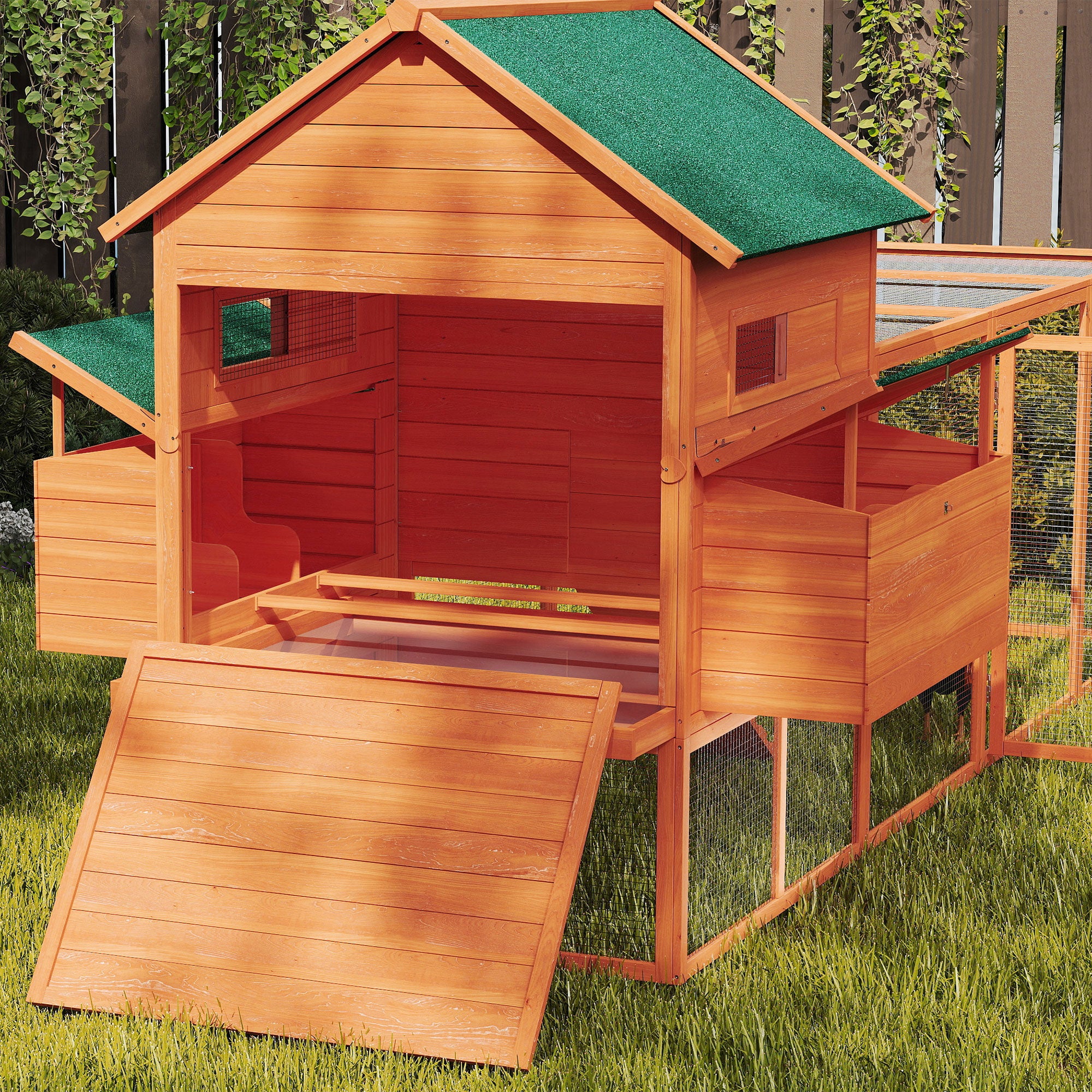 137"L Chicken Coop, Wooden Large Hen House with Chicken Run, Nesting Box, Poultry Cage for Outdoor, Backyard, Orange