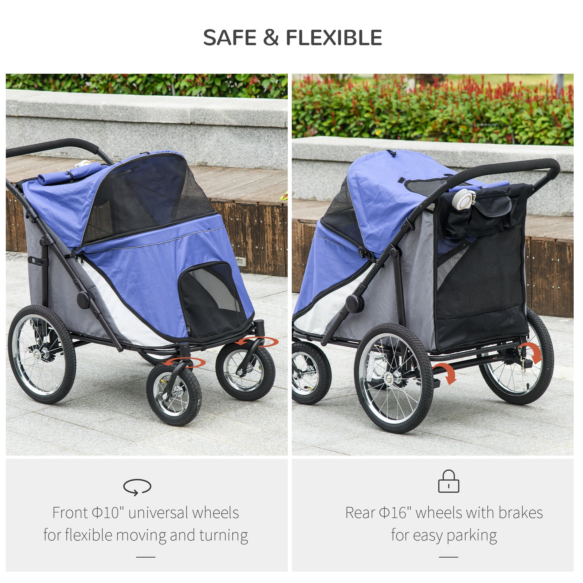 Large Dog Stroller Dog Pram Foldable Pet Pushchair with Safety Leashes for Medium, Large Dogs - Blue