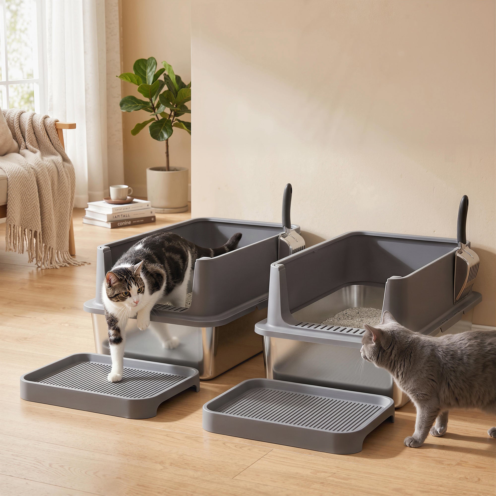 2 Pack XL Stainless Steel Litter Box, Extra Large Metal Cat Litter Box High Sided for Big and Multiple Cats, Semi-Enclosed with Tracking Step, Stainless Steel Scoops, Anti-Urine Leakage