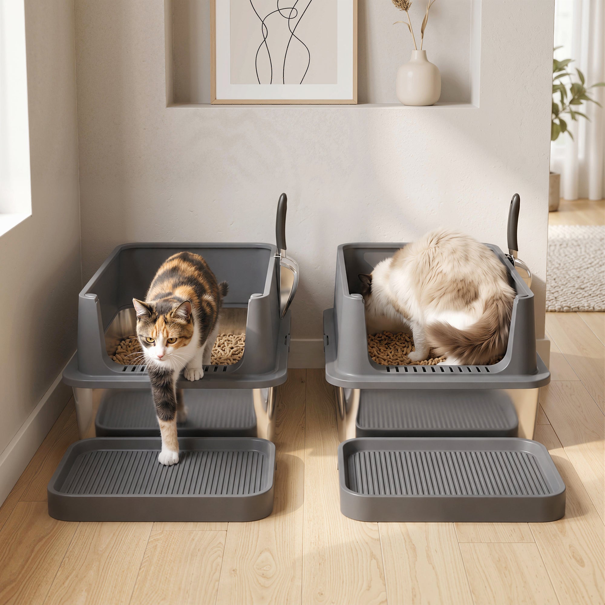 2 Pack XL Stainless Steel Litter Box, Extra Large Metal Cat Litter Box High Sided for Big and Multiple Cats, Semi-Enclosed with Tracking Step, Stainless Steel Scoops, Anti-Urine Leakage