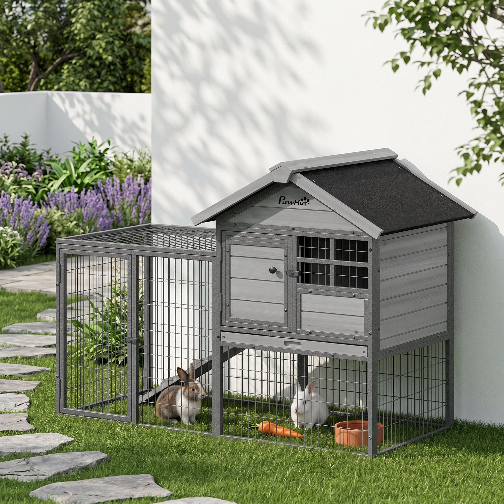 Rabbit Hutch Outdoor, 48"L Large Wooden Bunny Cage with Run, Robust Metal Frame, Removable Plastic Tray, Asphalt Roof, Ramp, Guinea Pig Cage for 1-2 Rabbits, Grey
