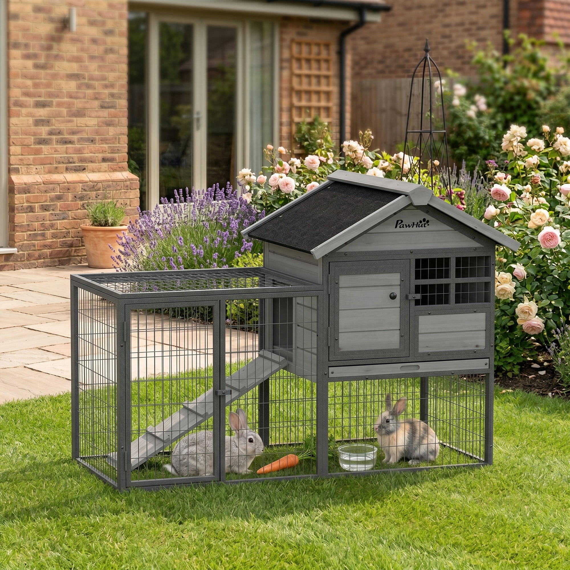 Rabbit Hutch Outdoor, 48"L Large Wooden Bunny Cage with Run, Robust Metal Frame, Removable Plastic Tray, Asphalt Roof, Ramp, Guinea Pig Cage for 1-2 Rabbits, Grey