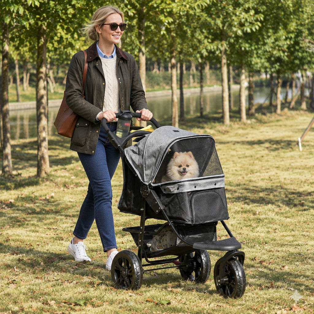 A black and gray pet stroller with a small fluffy white dog sitting inside, parked on a grassy lawn next to a body of water with trees in the background.
