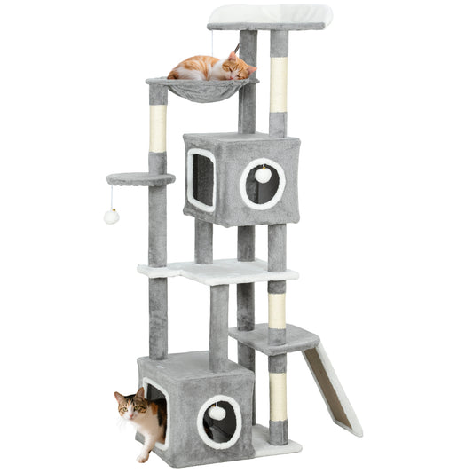 Cat Tree for Indoor Large Adult Cats, 65 Inch Kitty Tower Multi-Level with 2 Doors Condos, Plush Top Perch, Hammock, Sisal Scratching Posts, 4 Pompoms, Ramp, Grey