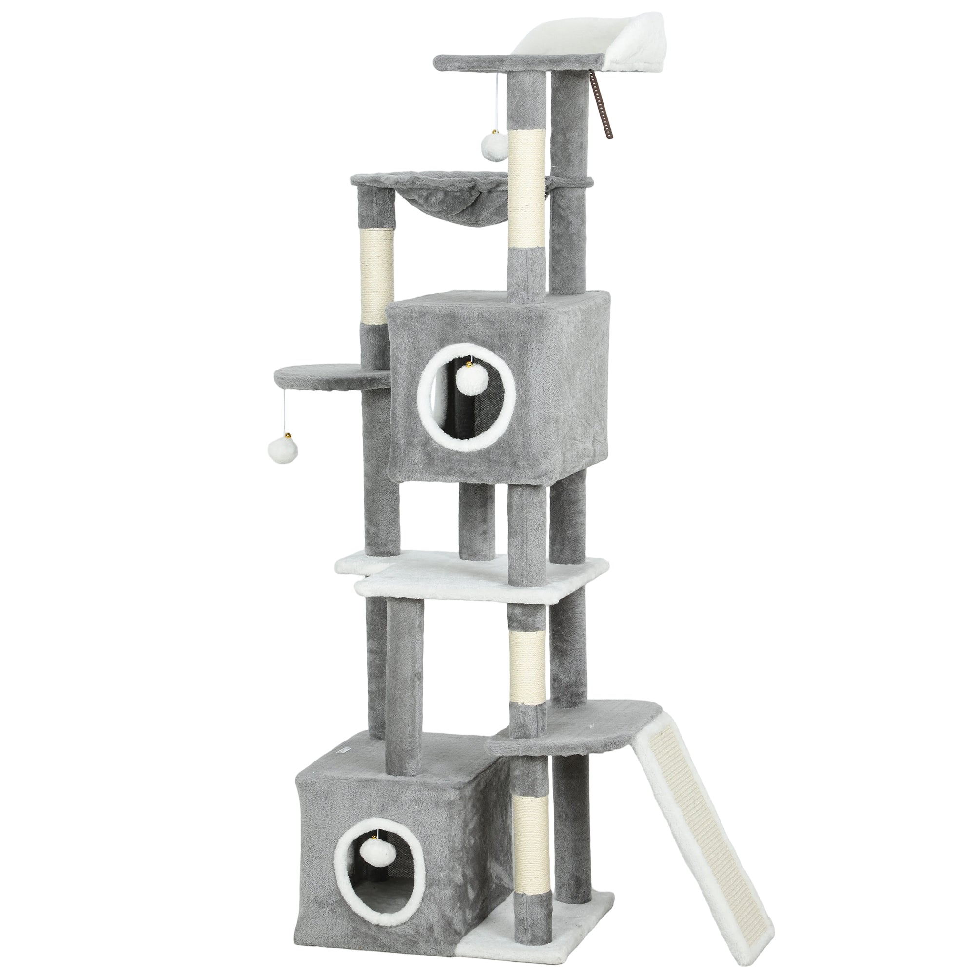 Cat Tree for Indoor Large Adult Cats, 65 Inch Kitty Tower Multi-Level with 2 Doors Condos, Plush Top Perch, Hammock, Sisal Scratching Posts, 4 Pompoms, Ramp, Grey