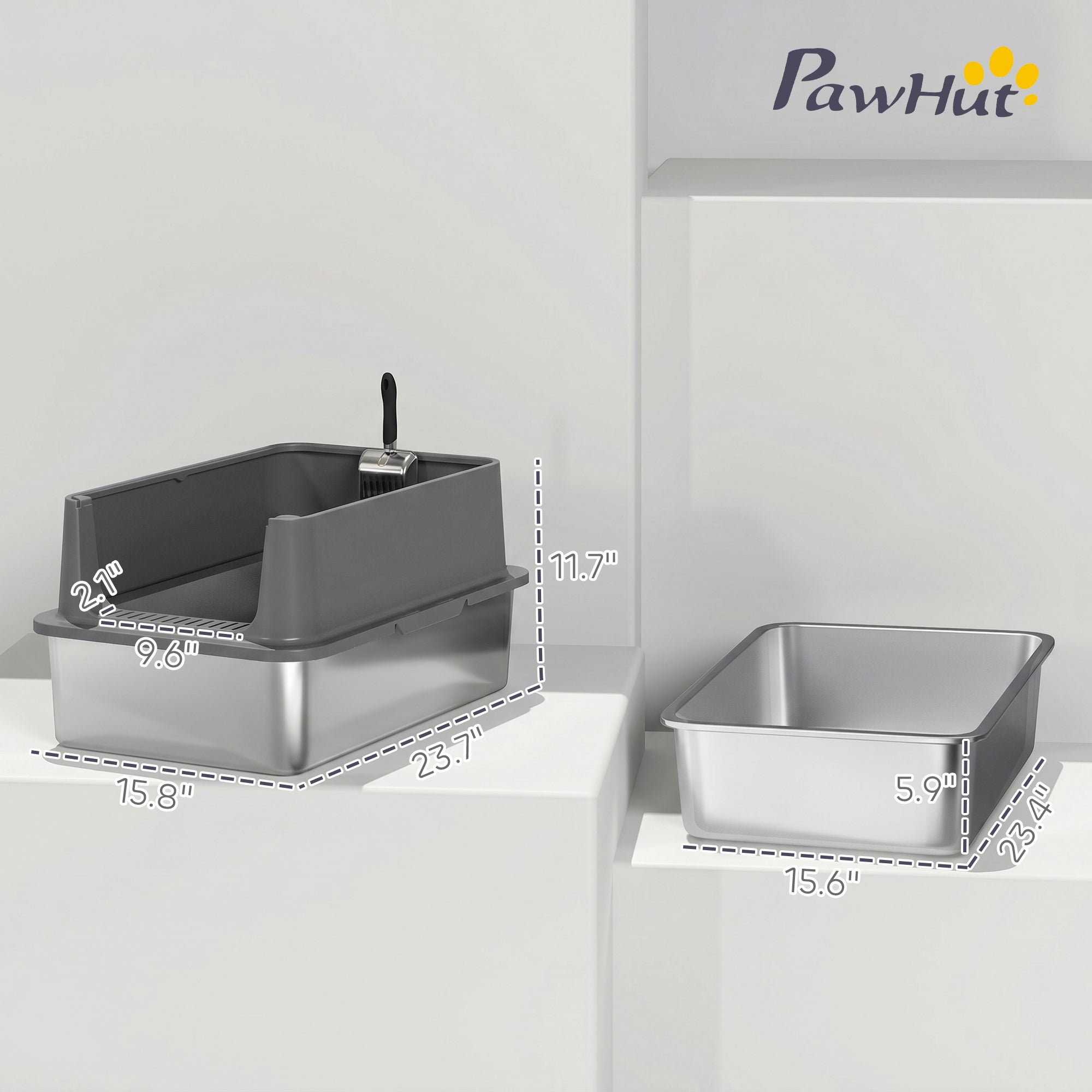 Stainless Steel Cat Litter Box, XL Extra Large Metal Litter Box Pan Tray for Big Cats, High Sided, Anti-Urine Leakage, Easy Cleaning, Non-Sticky, Absorbs Odors, Include Scoop & Pad, Dark Gray