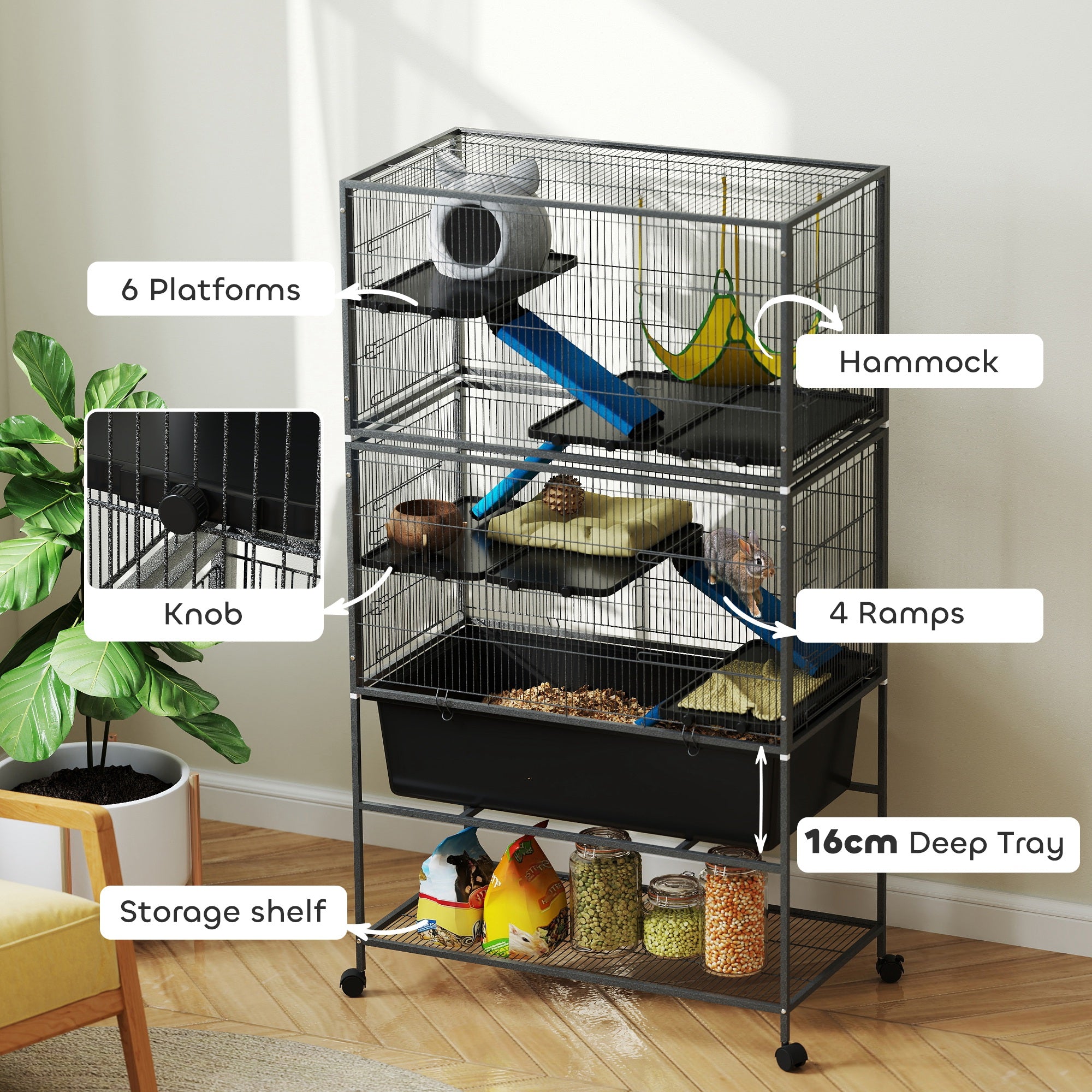 PawHut 59" 5-Level Small Animal Cage, Rolling Ferret Chinchilla Cage with Slide Out 6.3" Deep Tray, Non-Slip Cloth Covered Ramps, Hammock, for Rabbits, Pet Mink, Squirrel, Dark Gray