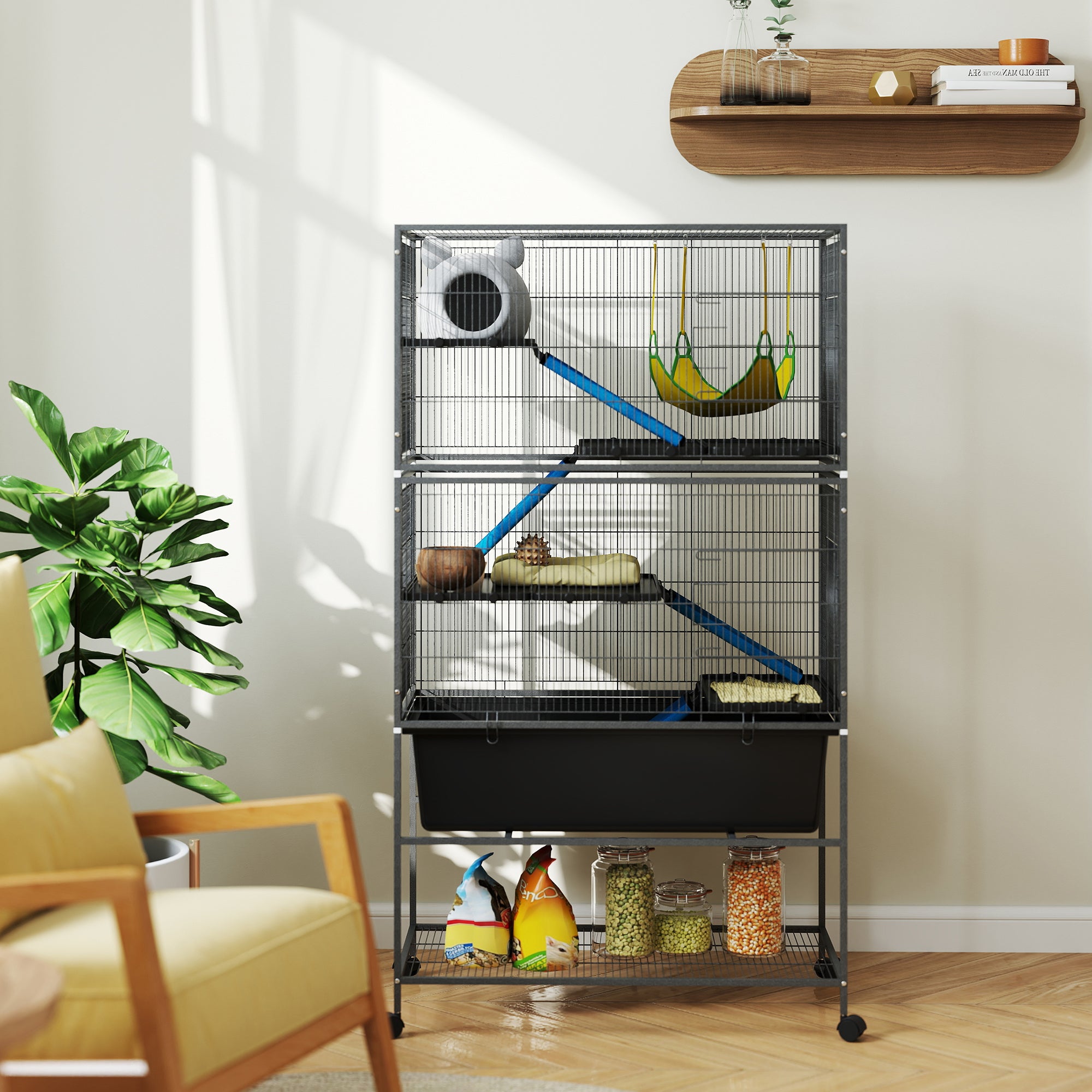 PawHut 59" 5-Level Small Animal Cage, Rolling Ferret Chinchilla Cage with Slide Out 6.3" Deep Tray, Non-Slip Cloth Covered Ramps, Hammock, for Rabbits, Pet Mink, Squirrel, Dark Gray