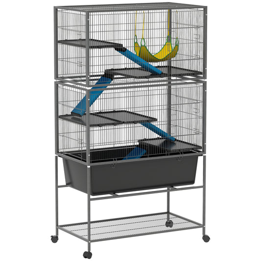 5 Levels Rabbit Cage, Rolling Rat Cage with Slide Out 16cm Deep Tray, Non Slip Cloth Covered Ramps, Hammock, for Bunny, Pet Mink, Chinchillas, Squirrel, 88 x 48 x 150.5cm, Dark Grey