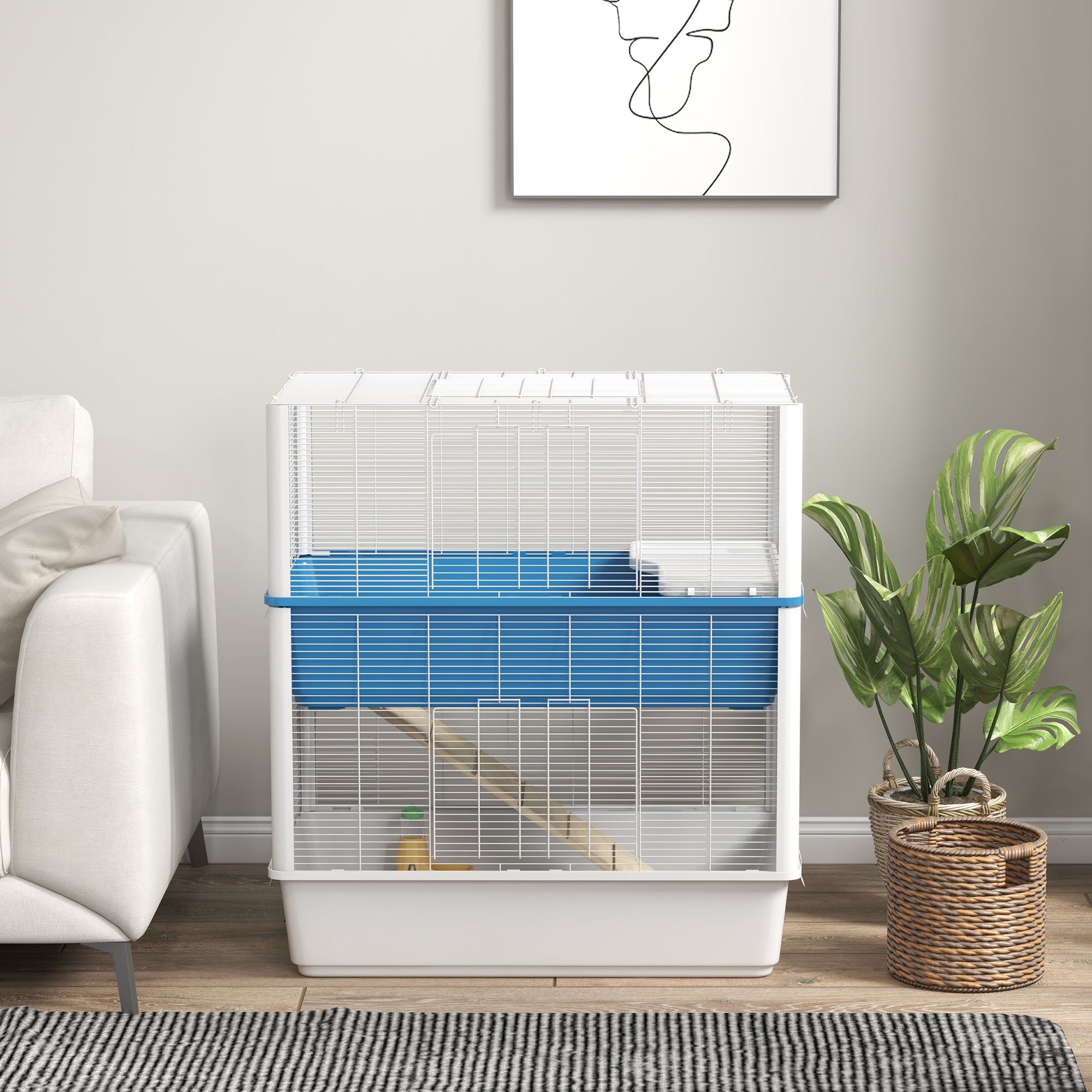 Large Hamster Cage with Accessories, Rat Cage Gerbil Habitat with Detachable Bottom, Ramps, Platform, Food Bowl, Water Bottle, 31" x 18" x 35"