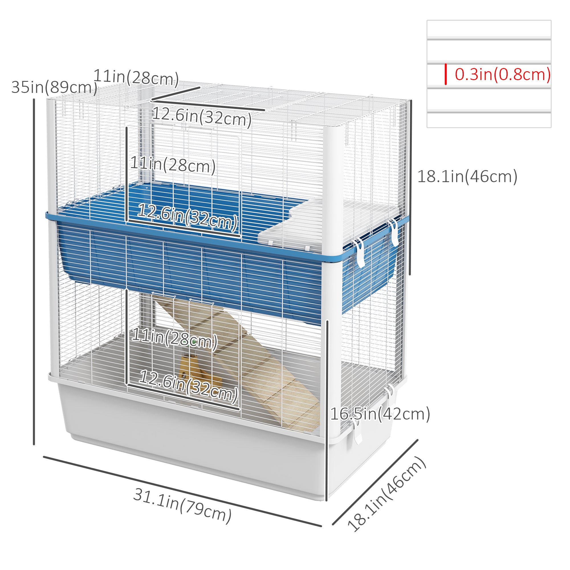 Large Hamster Cage with Accessories, Rat Cage Gerbil Habitat with Detachable Bottom, Ramps, Platform, Food Bowl, Water Bottle, 31" x 18" x 35"