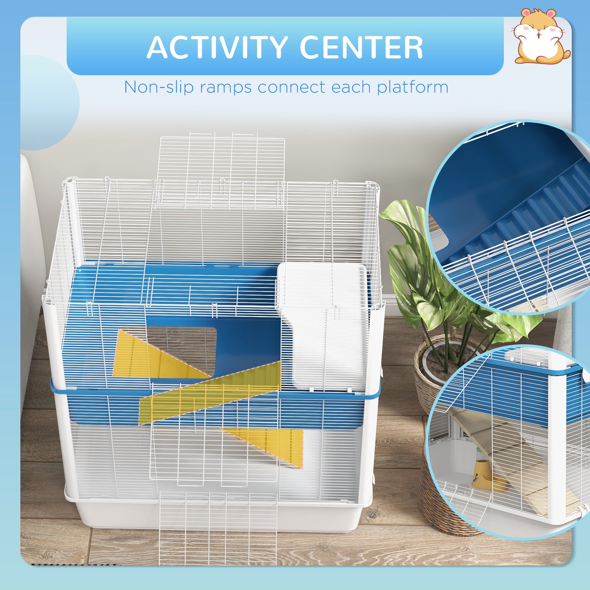 Large Hamster Cage with Accessories, Rat Cage Gerbil Habitat with Detachable Bottom, Ramps, Platform, Food Bowl, Water Bottle, 31" x 18" x 35"