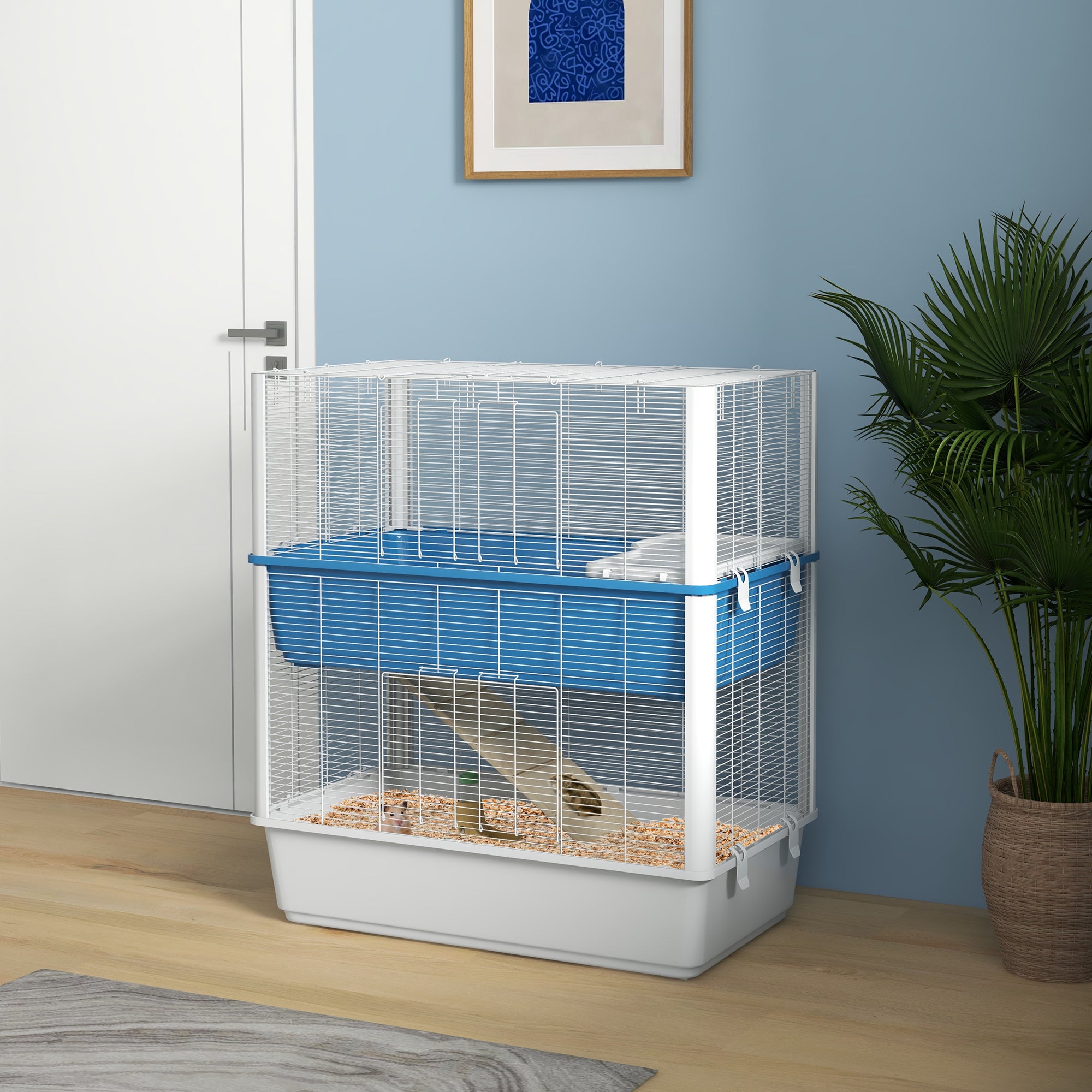 Large Hamster Cage with Accessories, Rat Cage Gerbil Habitat with Detachable Bottom, Ramps, Platform, Food Bowl, Water Bottle, 31" x 18" x 35"