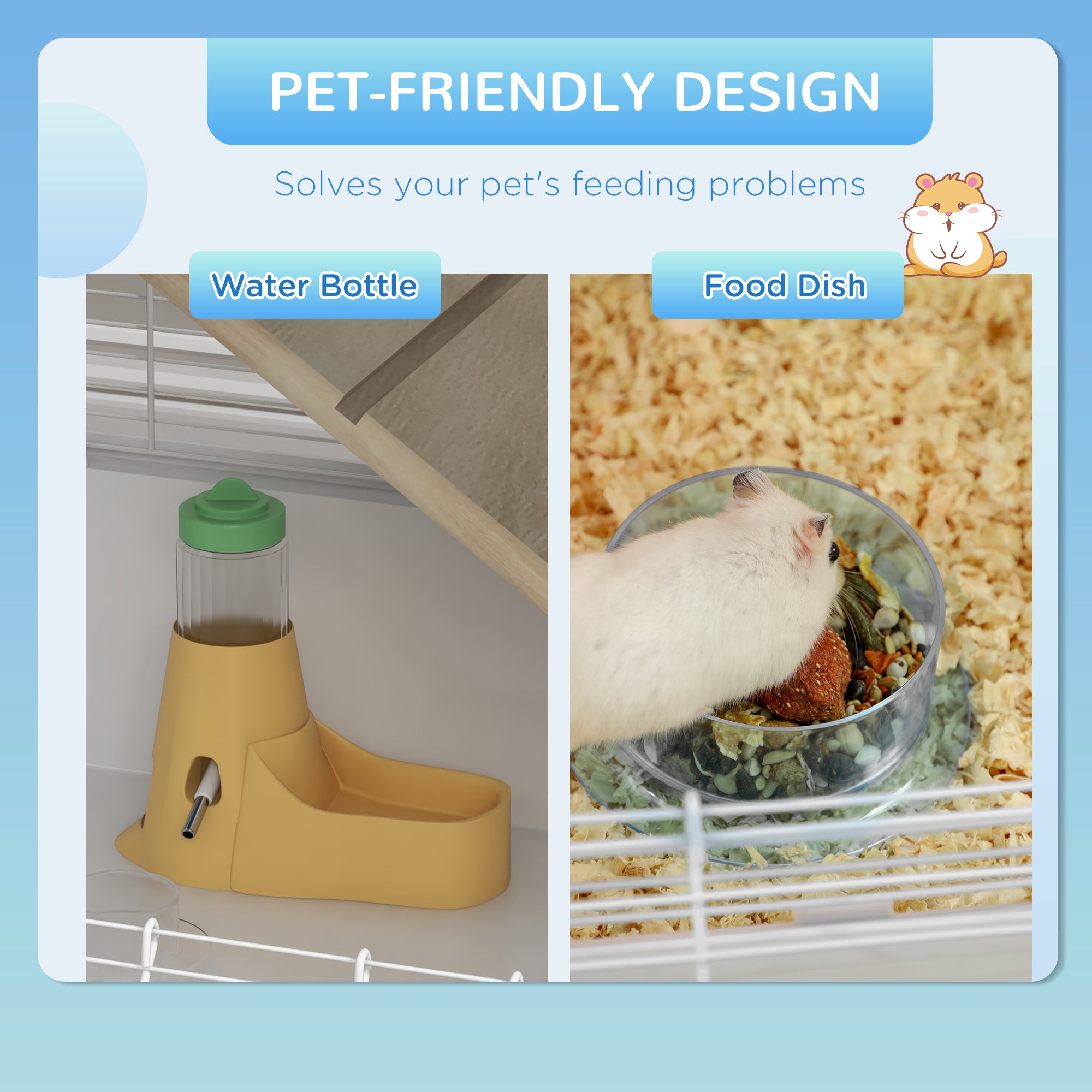 Large Hamster Cage with Accessories, Rat Cage Gerbil Habitat with Detachable Bottom, Ramps, Platform, Food Bowl, Water Bottle, 31" x 18" x 35"