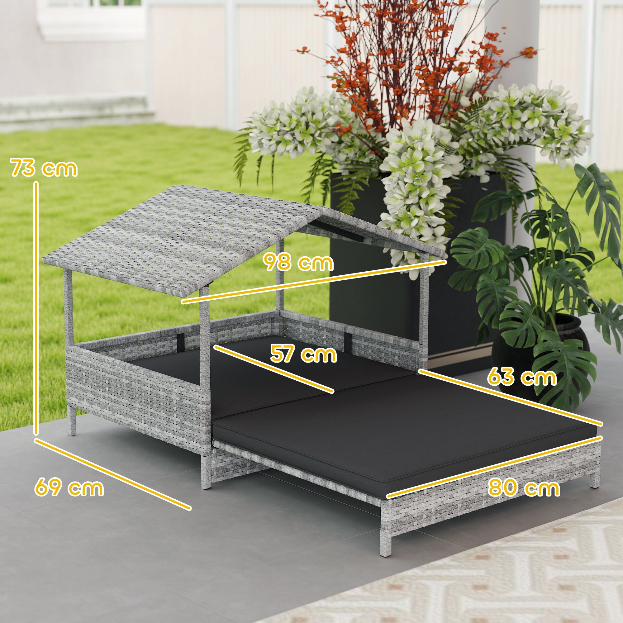 Rattan Dog House, Extendable Outdoor Wicker Dog Bed w/ Water-Resistant Roof, Removable Cushion, for Small and Medium Dogs - Charcoal Grey