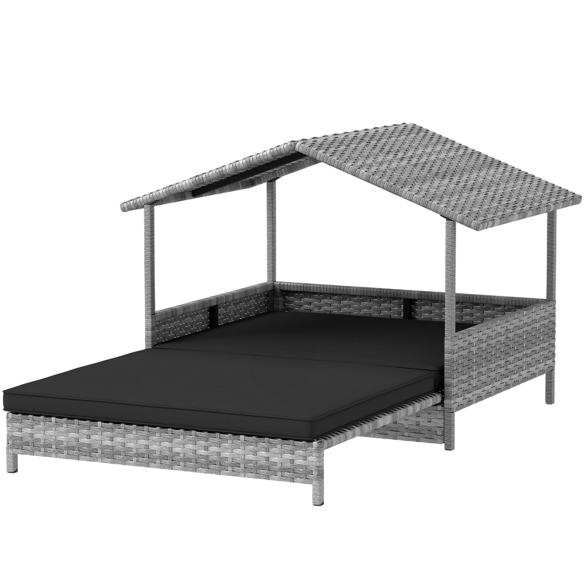 Rattan Dog House, Extendable Outdoor Wicker Dog Bed w/ Water-Resistant Roof, Removable Cushion, for Small and Medium Dogs - Charcoal Grey