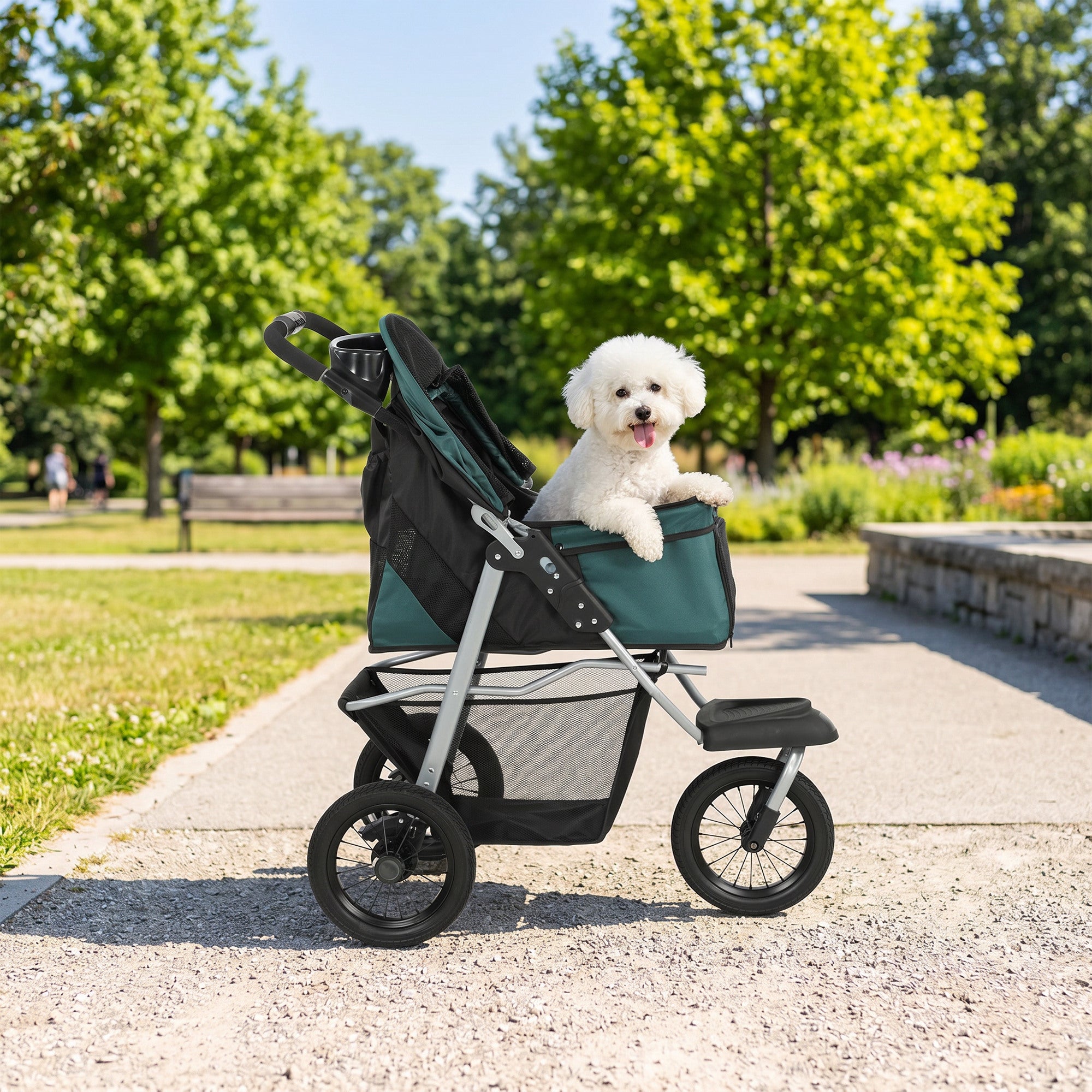 Dog Stroller for Small Dogs, 3 Wheel Foldable Pet Stroller with 12" Rubber Wheels, Mesh Window, One-Foot Brake, Storage Basket and Cup Holder, Up to 22 LBS, Dark Green