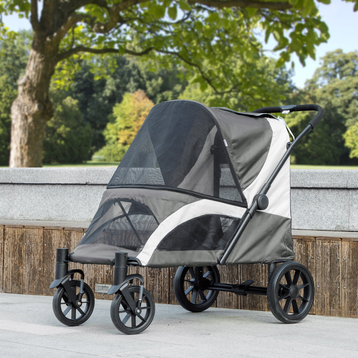 Pet Stroller for Small Medium Large Dogs and Cats, Foldable Dog Stroller with 4 Wheels, Shock-Absorbing Frame, Safety Leashes, Brakes, for Pets up to 66 lbs, Dark Grey