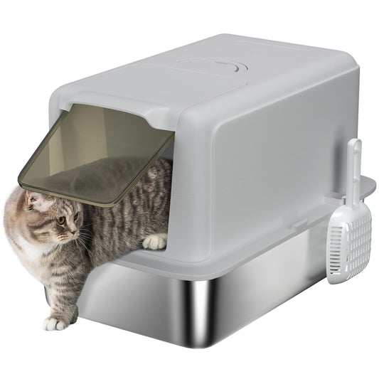 Stainless Steel Cat Litter Box, Extra Large Metal Cat Litter Tray with Lid, Scoop, Filter Bags, Grey
