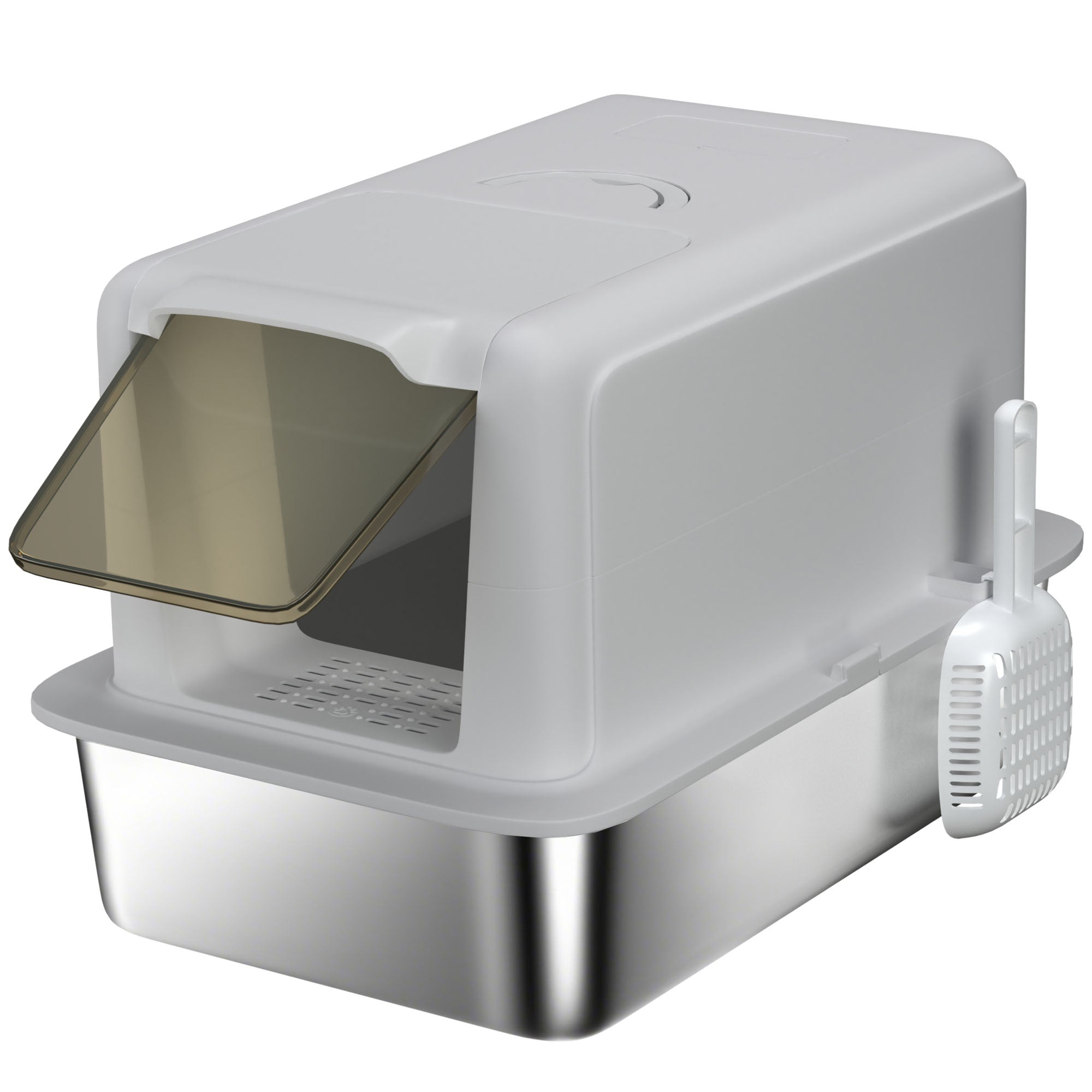 Stainless Steel Cat Litter Box, Extra Large Metal Cat Litter Tray with Lid, Scoop, Filter Bags, Grey