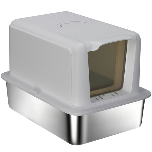 Stainless Steel Cat Litter Box, Extra Large Metal Cat Litter Tray with Lid, Scoop, Filter Bags, Grey