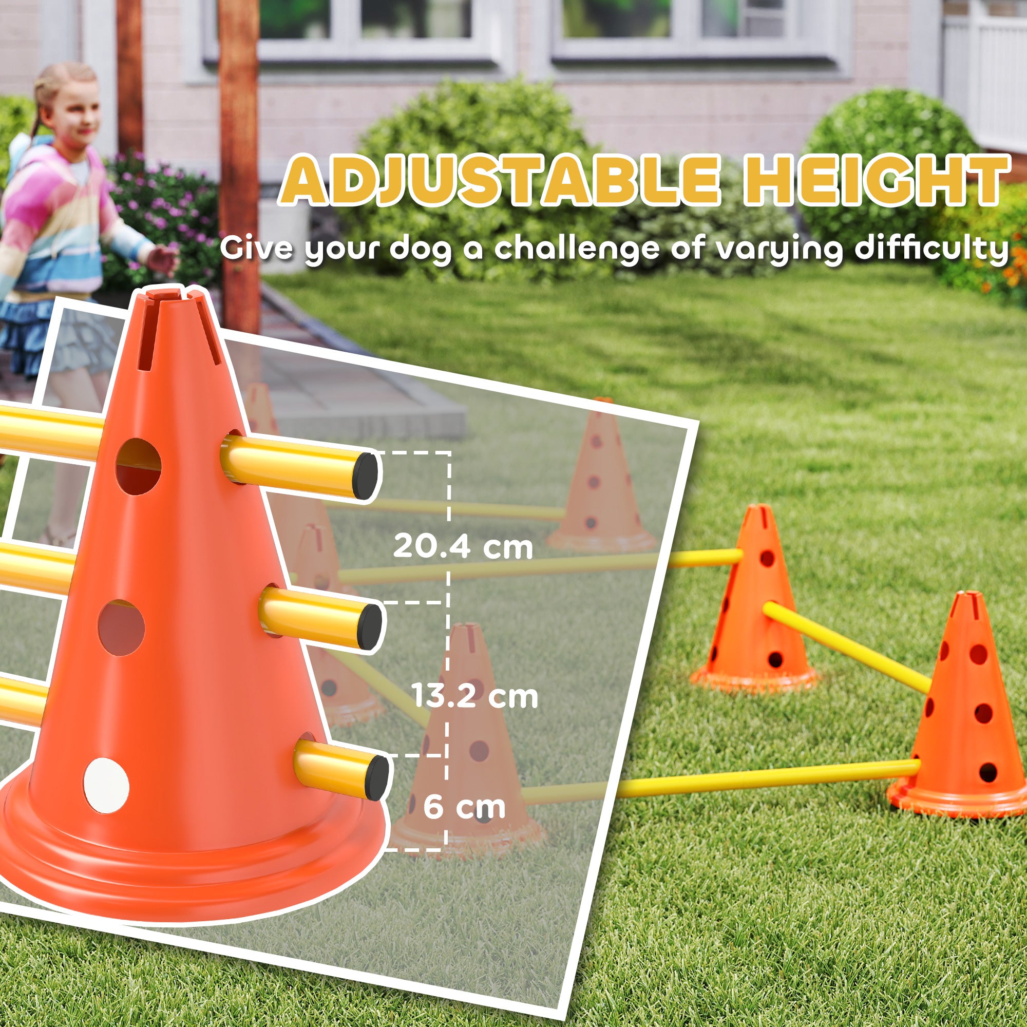 Dog Agility Equipment Set, Portable Pet Jump Training Kit for Eight Cones, Eight Poles with Carry Bag, Four-Piece Adjustable Height Jumping Obstacles, Orange